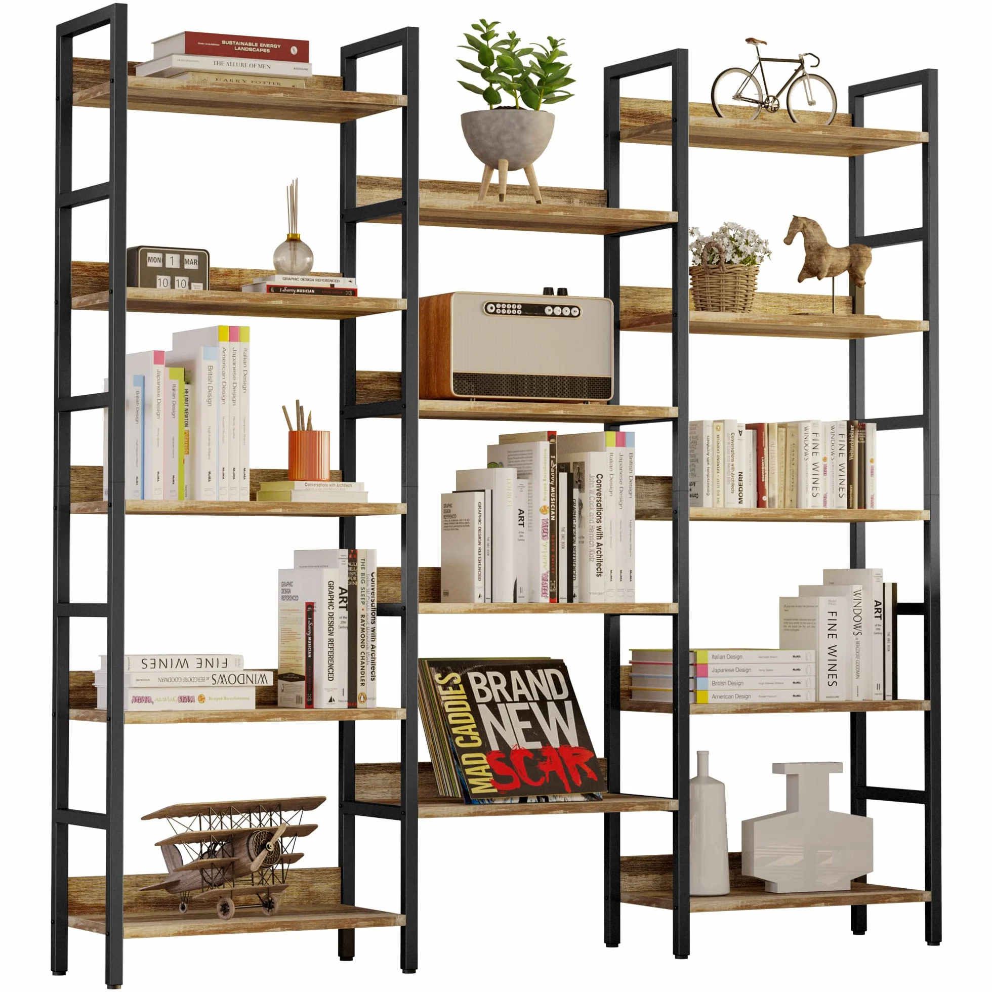 IRONCK Book Shelf, Bookshelves and Bookcases, 5 Tiers Bookshelf with Baffles, Large Bookshelf with Metal Shelving, Triple Wide Shelves for Living Room, Home Office