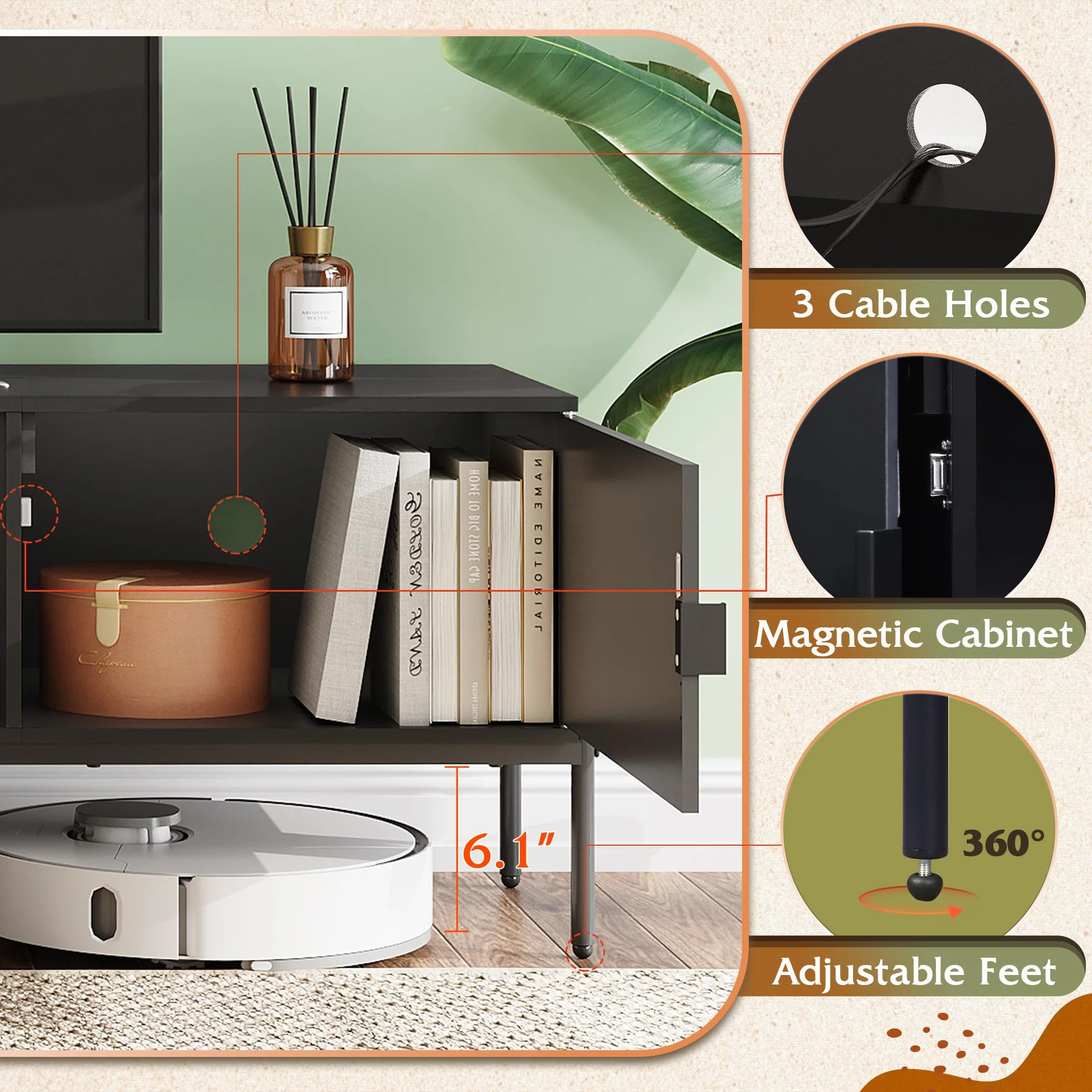 WLIVE 58" TV Stand for 65 Inch TVs, Mid Century Modern Entertainment Center with 2 Storage Cabinets & Open Shelf, Media Console Table with Metal Legs for Living Room, Bedroom, Black