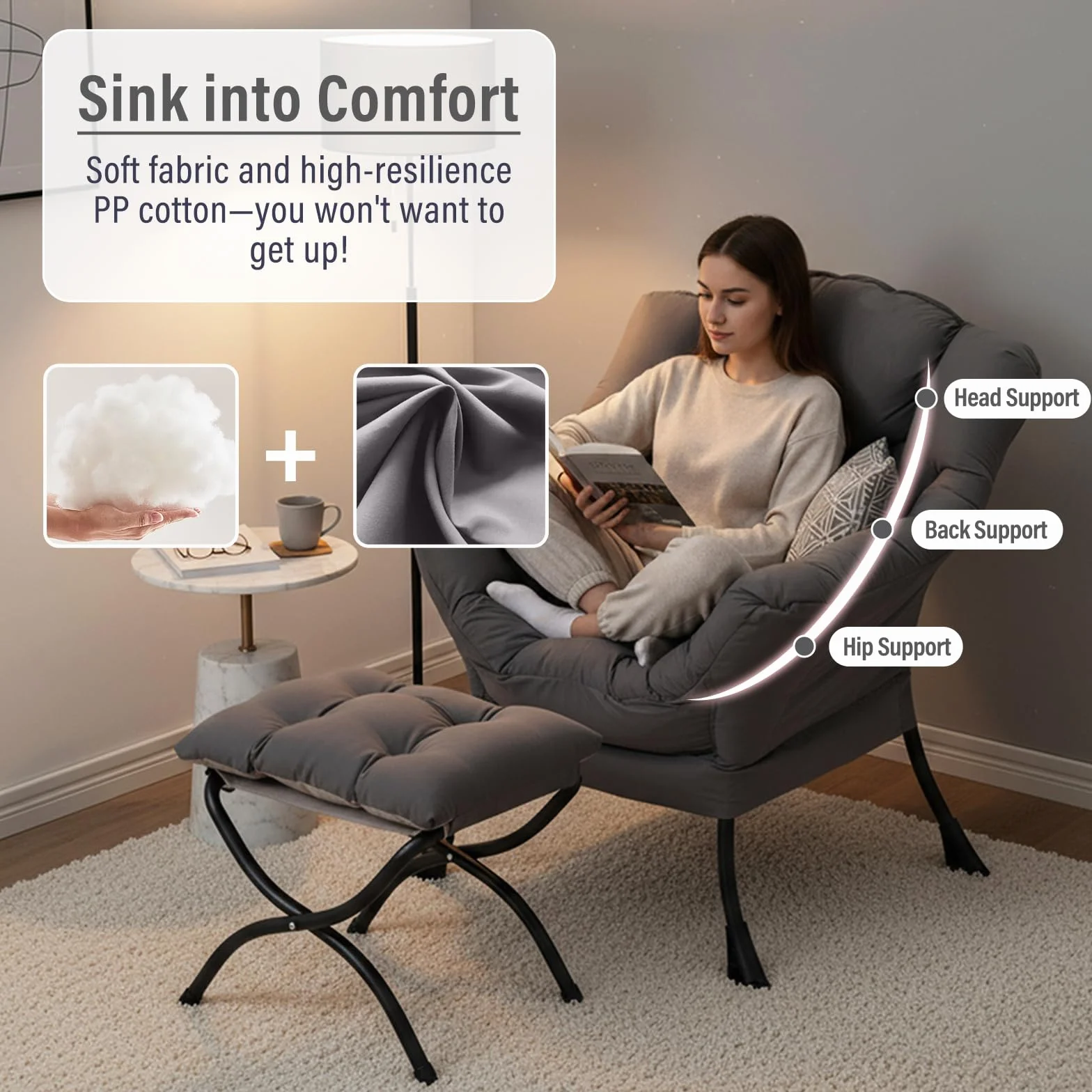 Furlide Lazy Chair with Ottoman, Modern Chair with Folding Footrest, Dark Grey Accent Chair, Comfortable Reading Chair, Oversized Armchairs for Bedroom, Study, Living Room, Courtyard | Accent Lounge Chair with folding Foot Stool, Removable Washable Cover