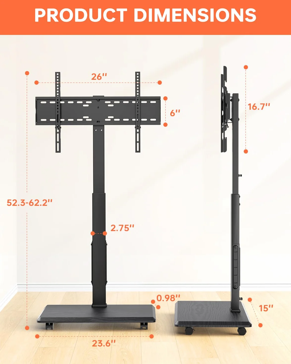 Afaloona Rolling TV Stand for 32-75" TV with Power Outlet,Height Adjustable | Mobile TV cart with 18 height settings, up to 110 lbs, ±30° swivel and Max VESA 600×400mm for homes, offices and classrooms.