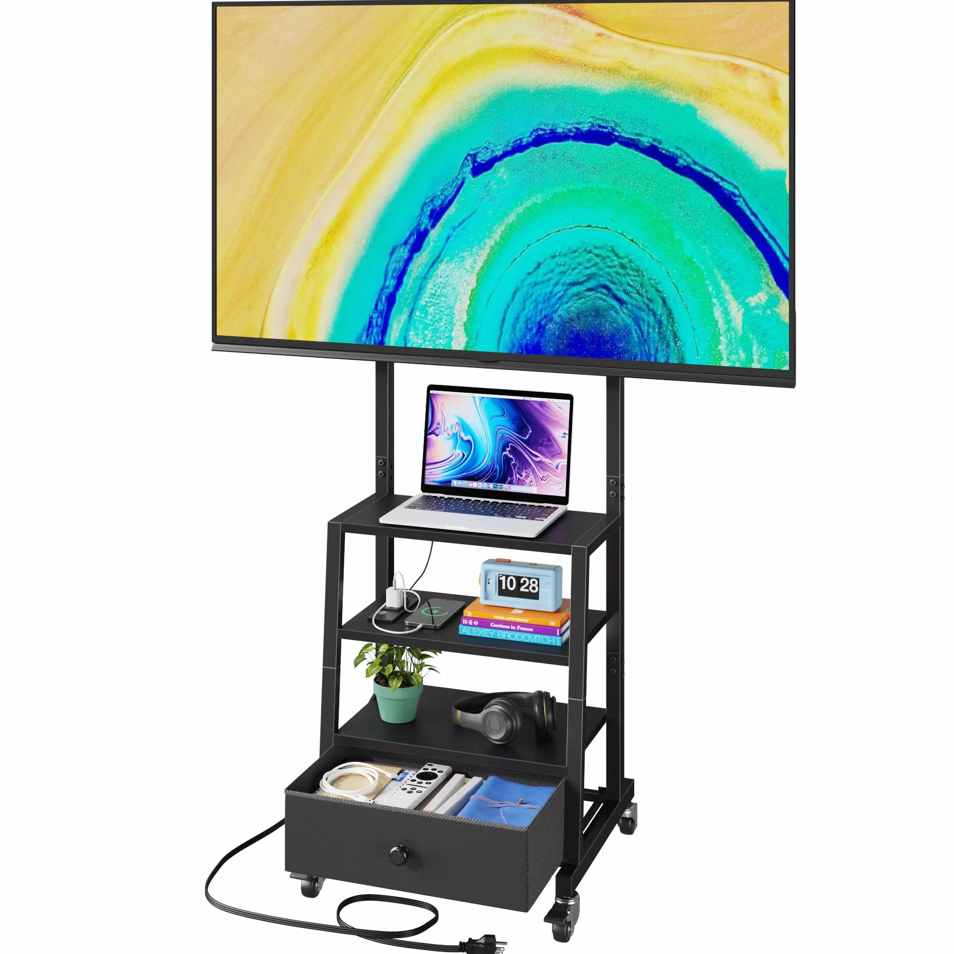 AFLUI Rolling TV Stand with Wheels and Mount & Fabric Drawer - Entertainment Center with Power Outlet and Small TV Stand for Bedroom, Living Room - 15" Black