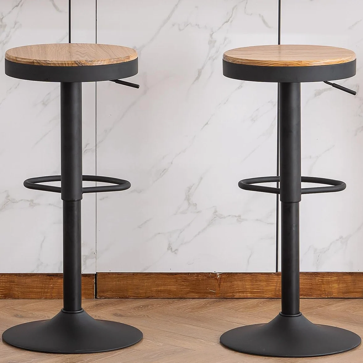 Kidol & Shellder Black Bar Stools Set of 2 Adjustable Swivel Backless Barstools Modern Round Wooden Seat Counter Height Bar Chairs Armless for Kitchen Island, Cafe, Dining Room