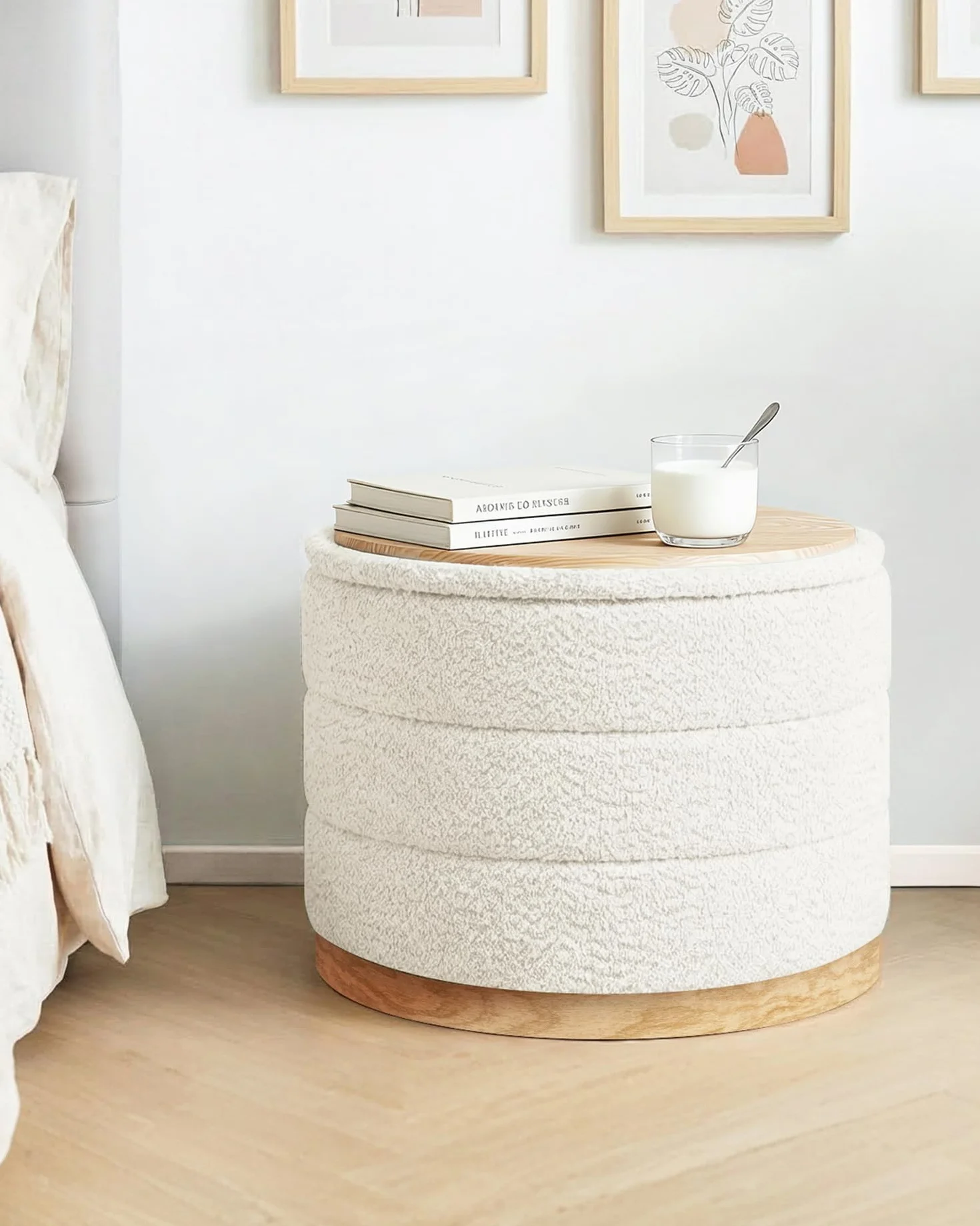 B FSOBEIIALEO Round Storage Ottoman with Tray, Folding Ottoman with Storage Coffee Table Foot Rest for Dorm Room Living Room Chenille Fabric,Wood-Grain Leather Base,White,22.83"x22.83"x17.32"