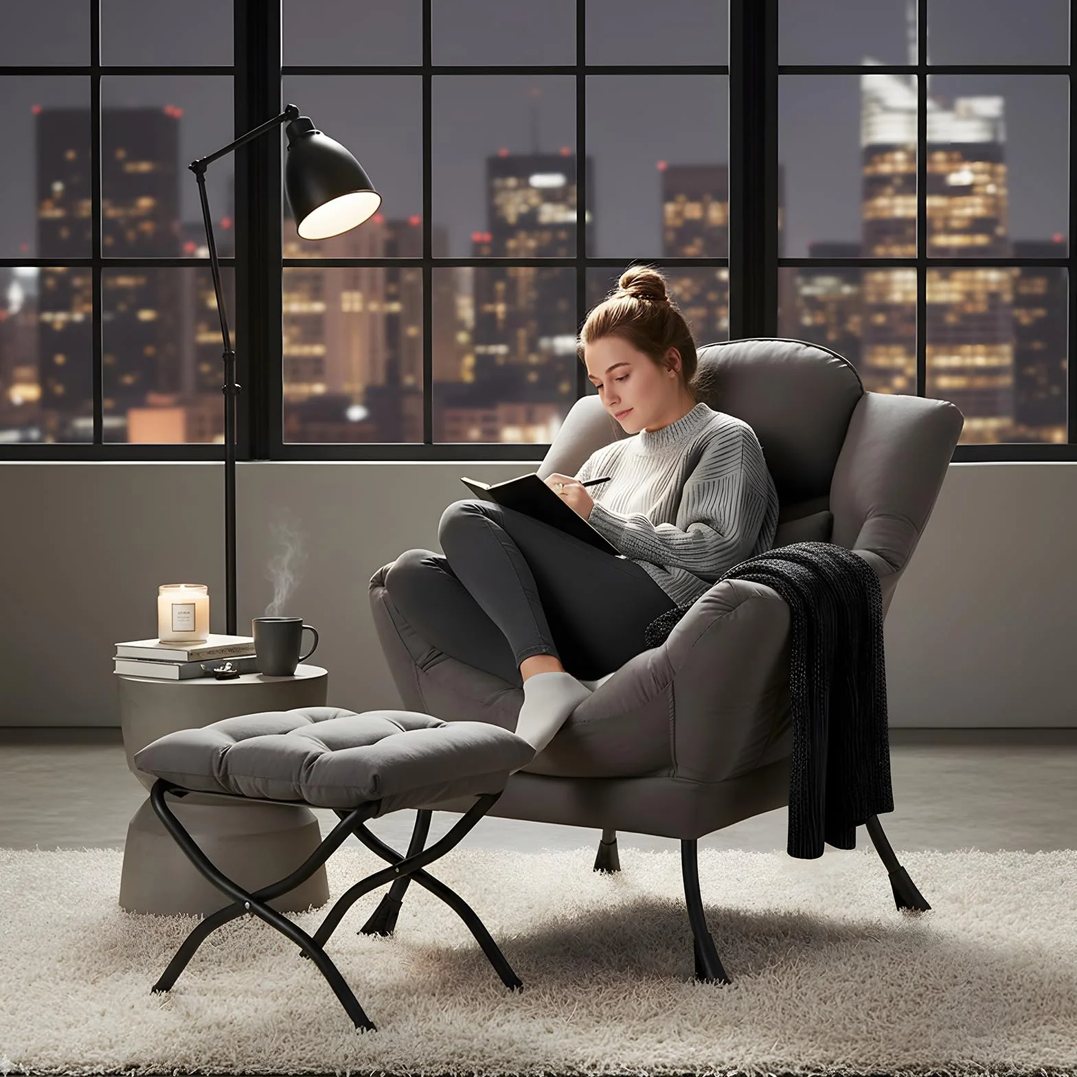 Furlide Lazy Chair with Ottoman, Comfy Fabric Accent Lounge Arm Chair with Lumbar Pillow and Folding Footrest, Reading Leisure Sofa Armchair for Bedroom, Living Room, Dorm,Dark Grey | Comfy Accent Lounge Chair with Pillow & folding Foot Stool, sturdy meta