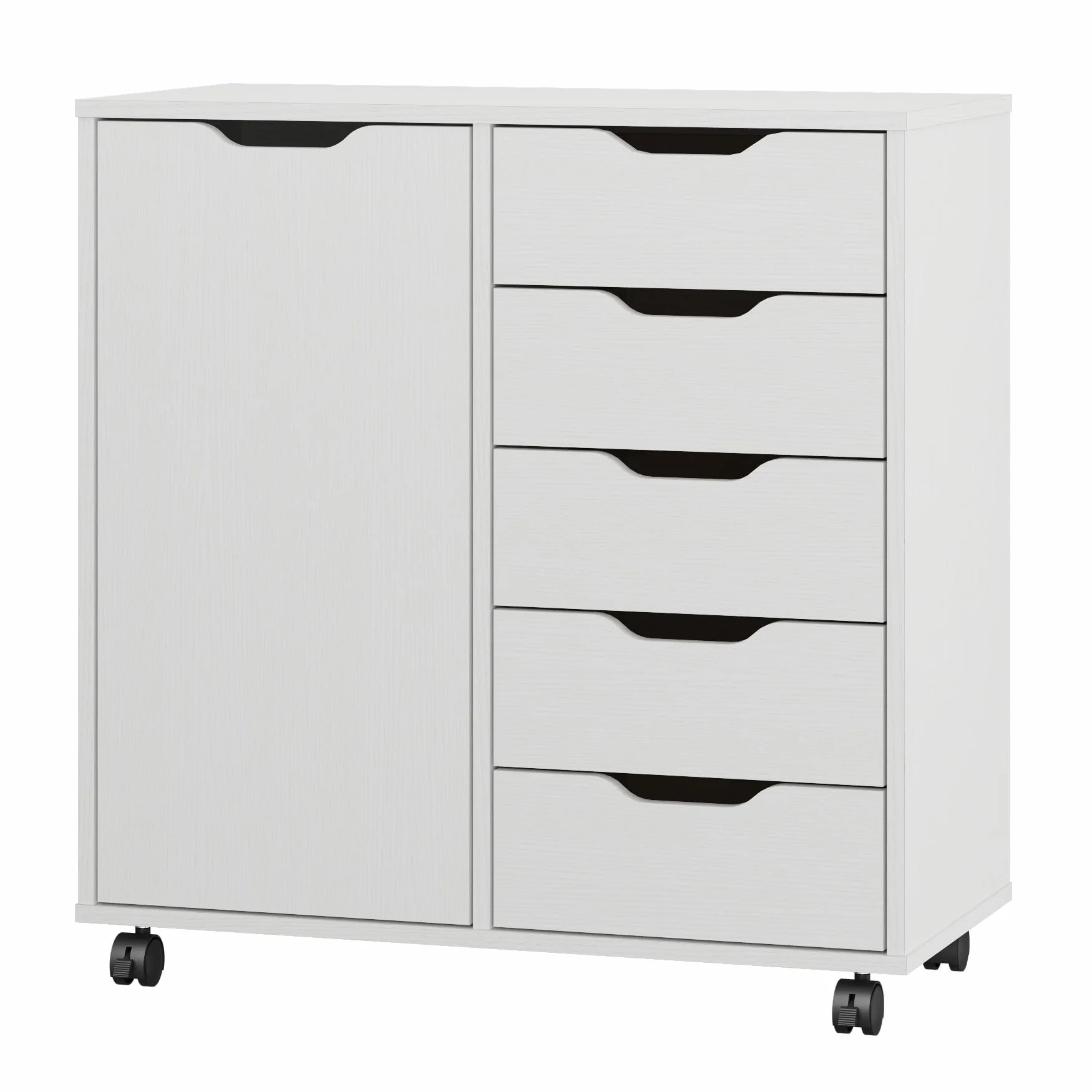 Panana 5-Drawer Chest with 1 Door, Wooden Chest of Drawers Storage Dresser Cabinet with Wheels, Office Organization and Storage, Bedroom Furniture (White-S)