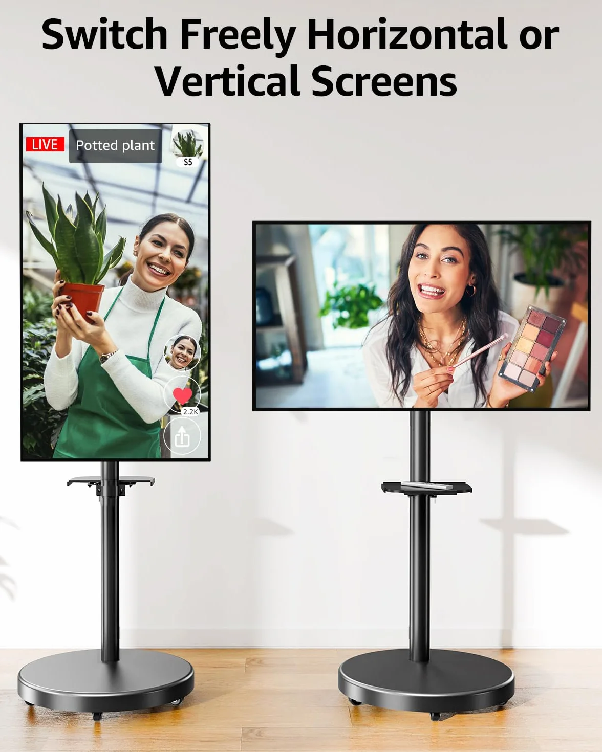 MOUNTUP Rolling Mobile TV Cart for 32-65 Inch TVs, Rotatable Floor TV Stand Compatible with The Frame TVs - 90° Landscape to Portrait, Height Adjustable TV Cart on Wheels, Max VESA 400x400mm