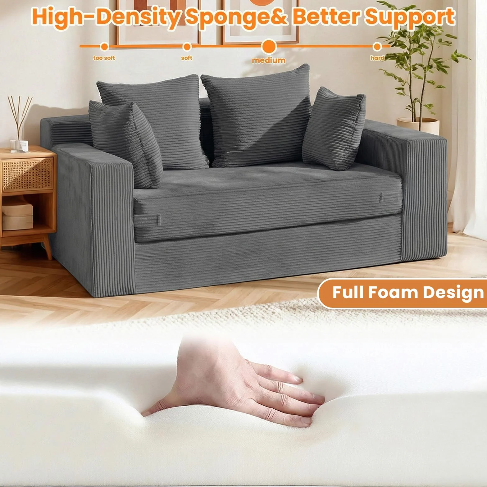 Winzon Boneless Loveseat, 3 in 1 Convertible Sofa Bed Sleeper Sofa Floor Futon Bed with 4 Pillows, 55" Grey Boneless Couch for Living Room, Guest Room, Small Space, No Assembly Required, Corduroy