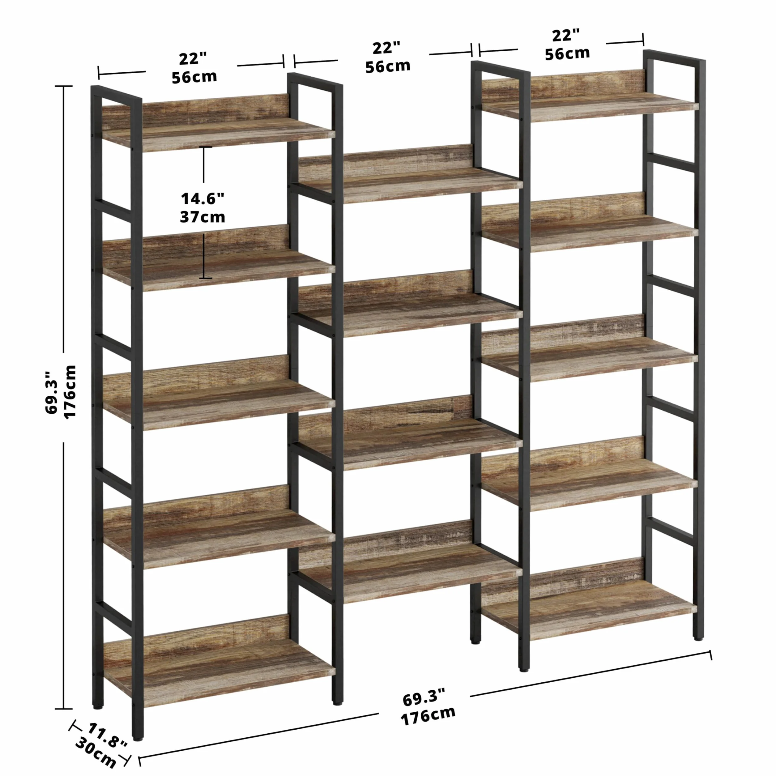 IRONCK Book Shelf, Bookshelves and Bookcases, 5 Tiers Bookshelf with Baffles, Large Bookshelf with Metal Shelving, Triple Wide Shelves for Living Room, Home Office