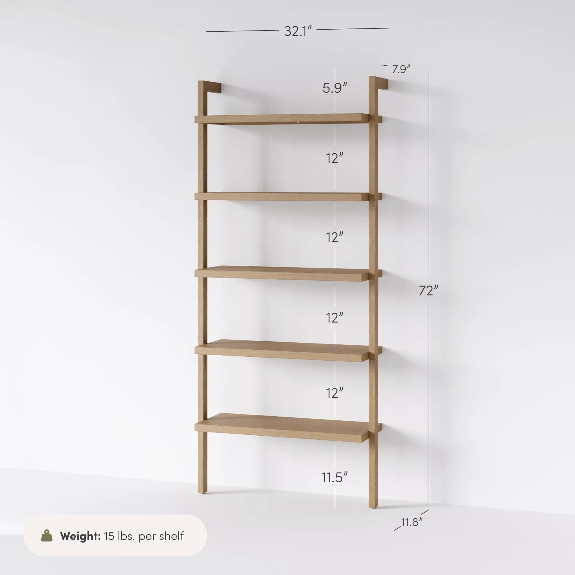 Nathan James Beacon 5 Tier Bookshelf, Wall Mounted Bookcase, Solid Wood Bookshelf in Wire Brushed Finish, Boho Rustic Bookcase