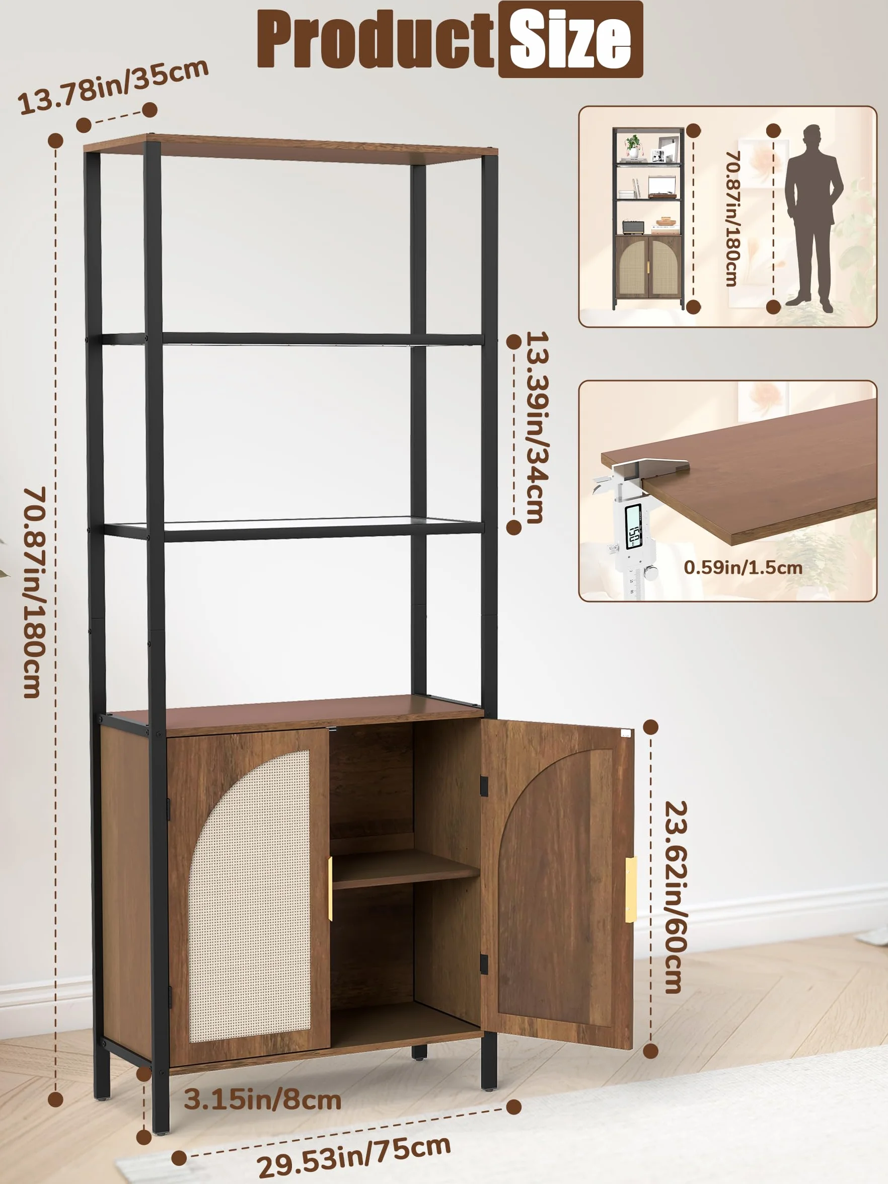 71" Tall Rattan Bookcase with LED Light, 3 Open Shelves & 2 Door Storage Cabinet, Mid Century Boho Bookshelf, Open Display Bookcase for Living Room, Home Office, Bedroom