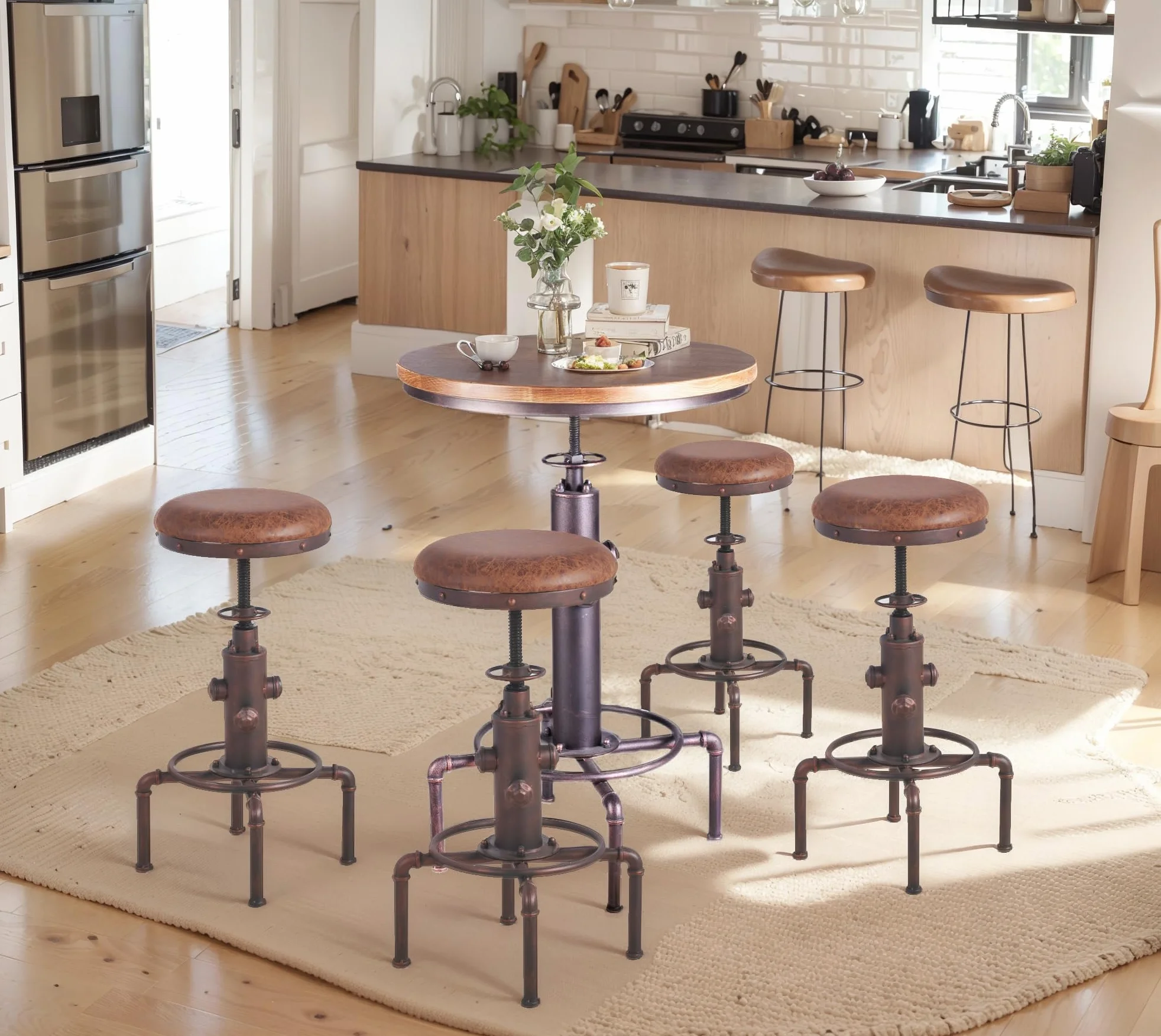 Topower Antique Vintage Industrial Barstool PU Leather Water Pipe Fire Hydrant Design Cafe Coffee Industrial Bar Stool Set of 2 Red Bronze