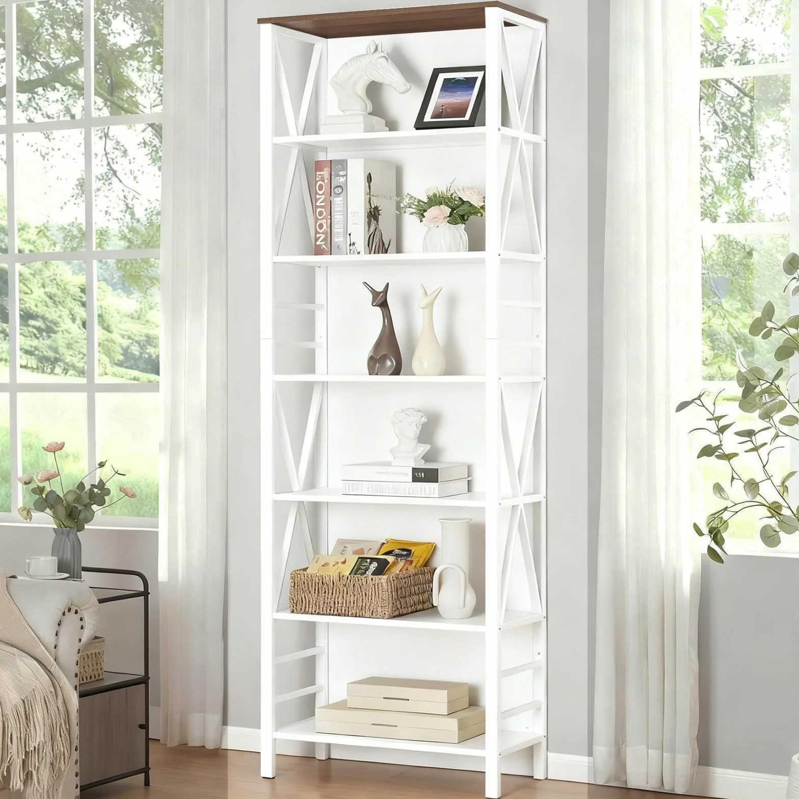 HOMISSUE Bookshelf, 7-Tier Bookshelf, Rustic Wood Metal Bookshelves and Bookcases, Freestanding Open Bookshelf, Industrial Tall Bookcase for Home Office, Living Room and Bedroom, White
