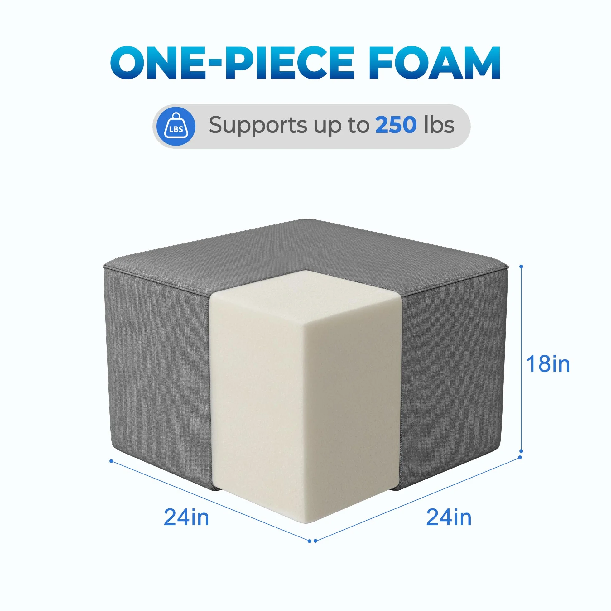 Square Outdoor Ottoman Pouf, 24" Waterproof Patio Foot Rest, Dark Gray | Ottoman Foot Rest, Comfy Footstool, Boneless Ottoman, Solid High-Density Foam, Outside Couch & Seating