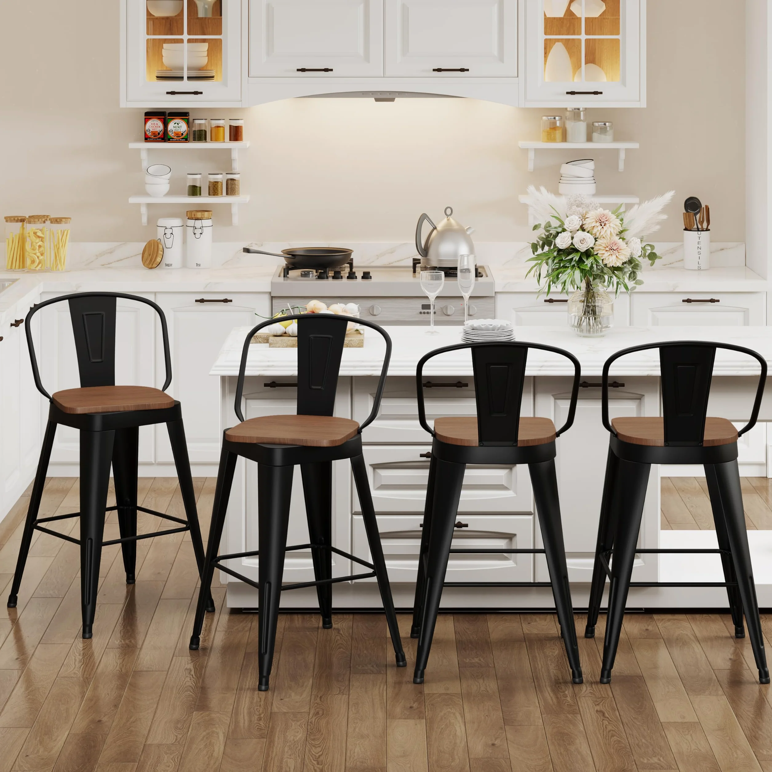 Aklaus Swivel Bar Stools 24 inch Swivel Metal Counter Height Barstools Set of 4 Modern Farmhouse Bar Chairs with High Backs and Large Wooden Seat for Kitchen Island Dining Room Matte Black