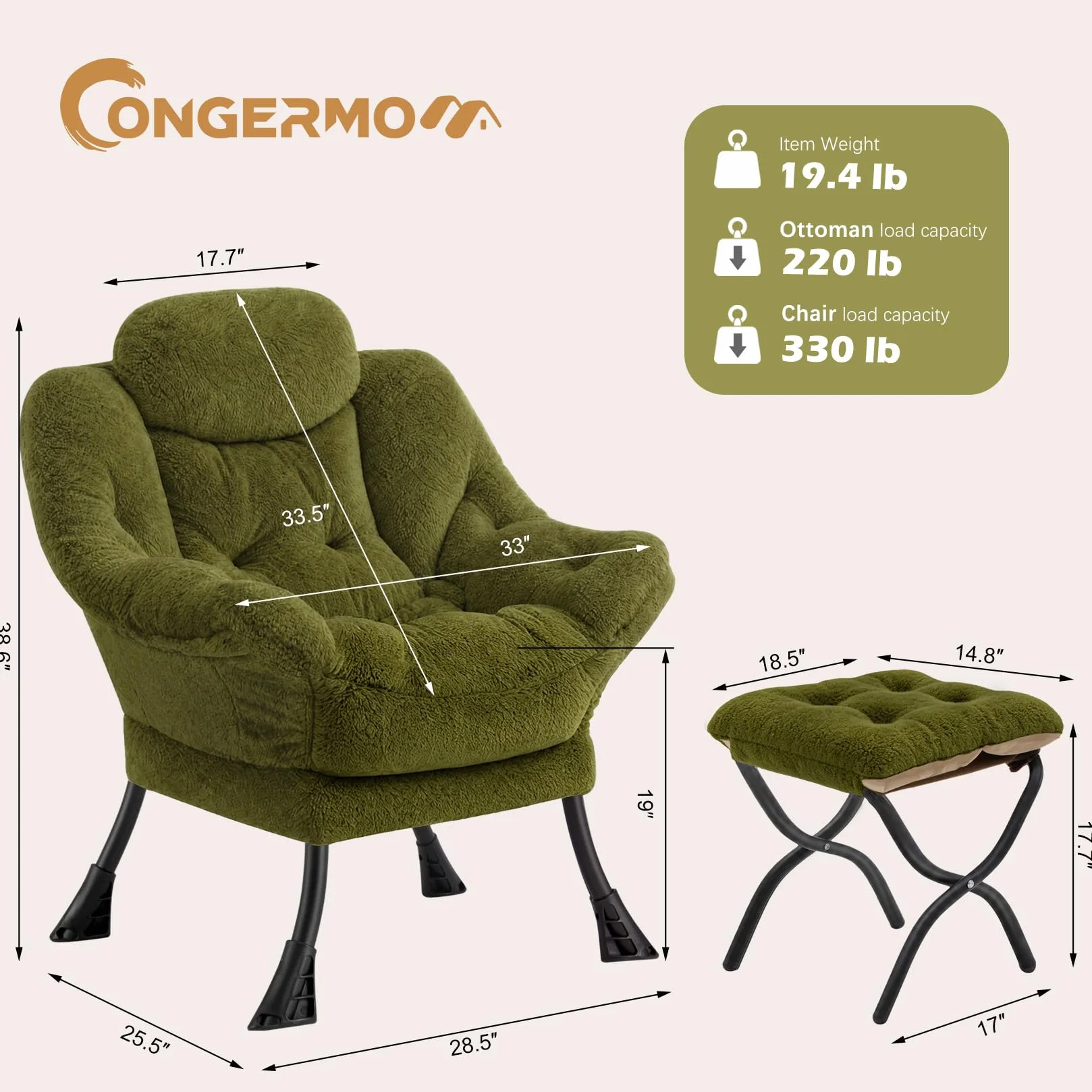 Lazy Chair with Folding Ottoman,Leisure Sofa Chair,Soft Fabric Armchair with Armrests and Side Pockets, Reading Chair with Footrest for Living Room, Bedroom, Office (Plush Green)