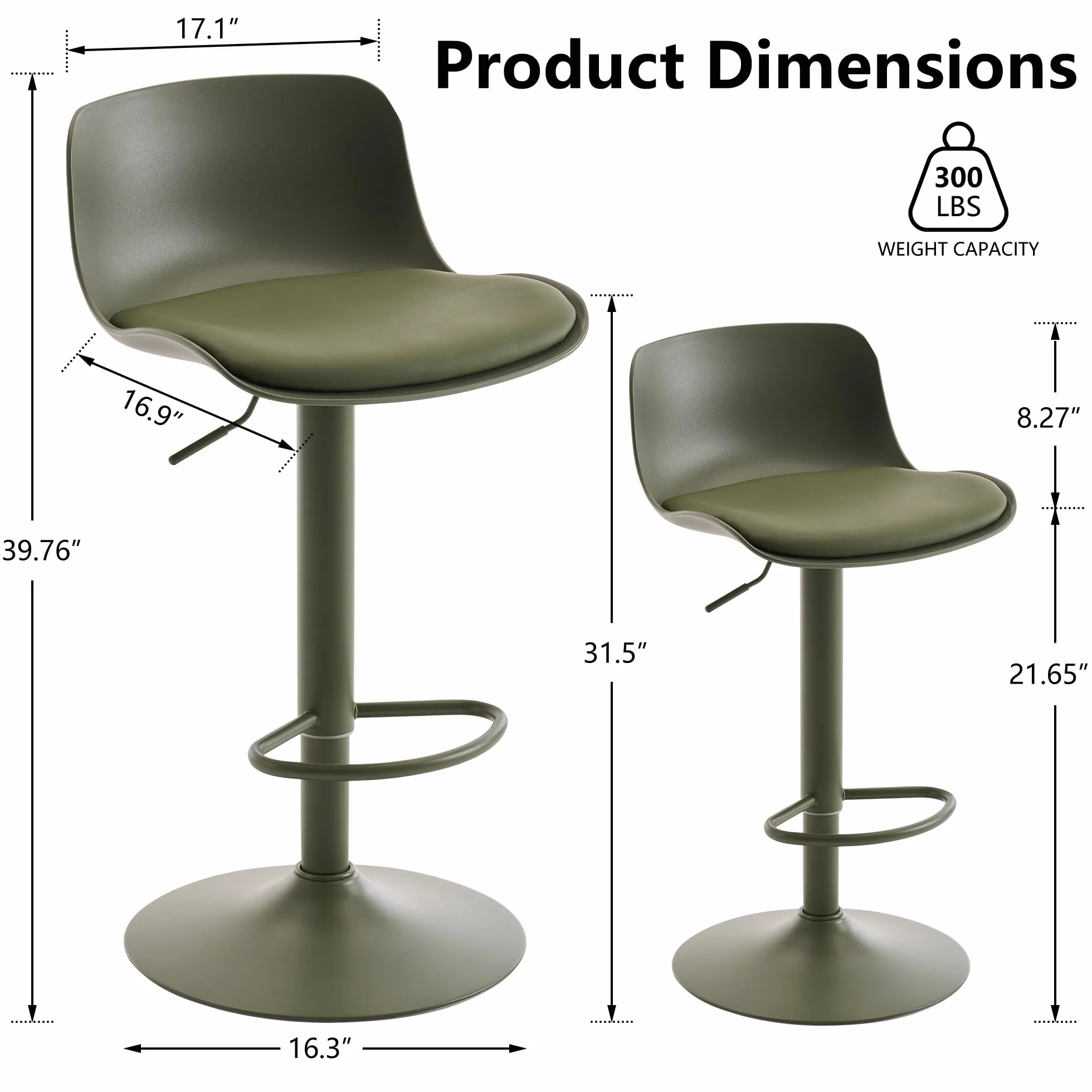 Kidol & Shellder Adjustable Swivel Bar Stools Set of 2 Olive Green | Modern PU Leather barstools, Counter Height Stools with Back, Metal Base for Kitchen Island Home Bar, Green Bar Stool