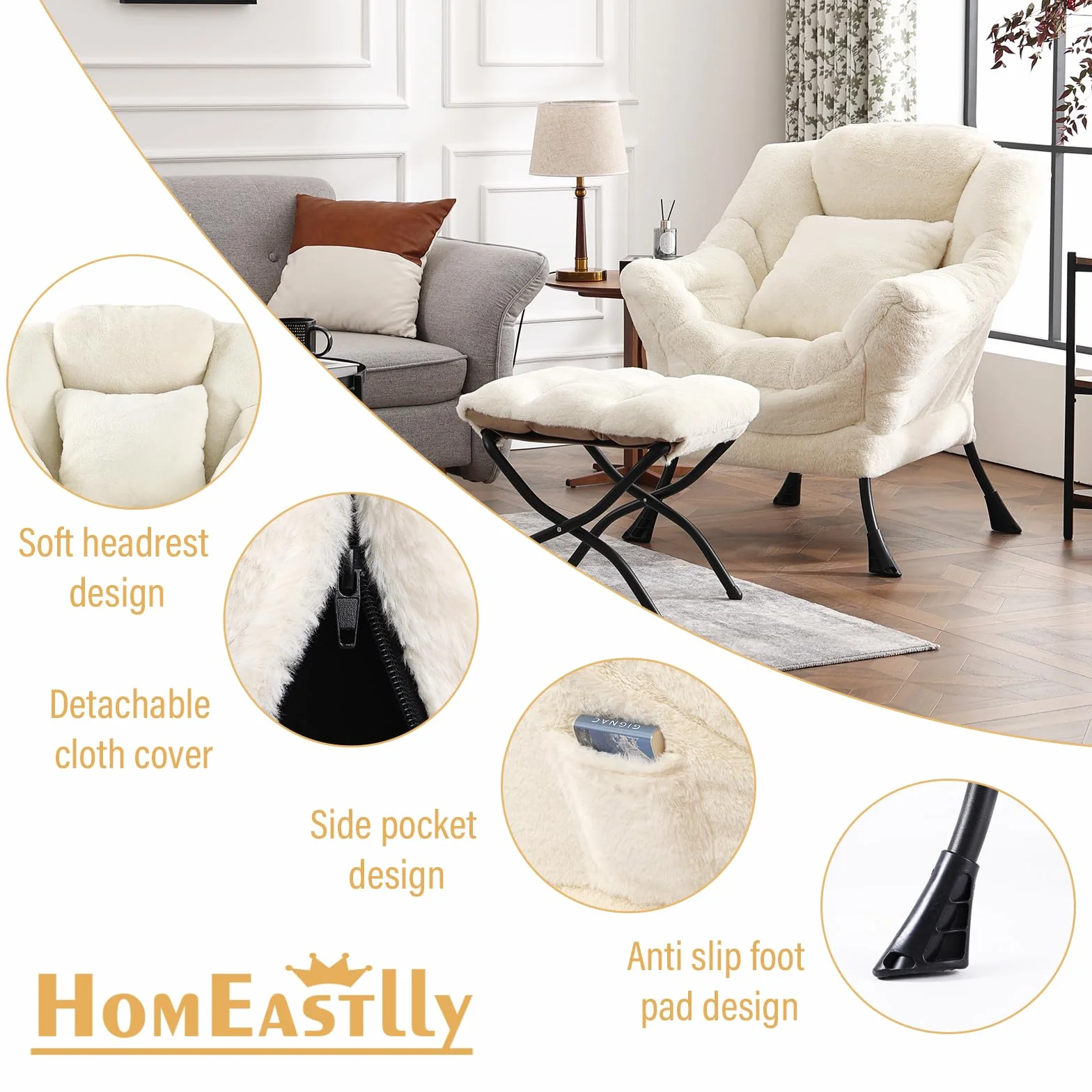 Lazy Chair with Ottoman, Plush Reading Chair with Pillow, Lvory | Removable machine-washable cover; includes an extra throw pillow; cozy accent chair for living room, bedroom, dorm or office