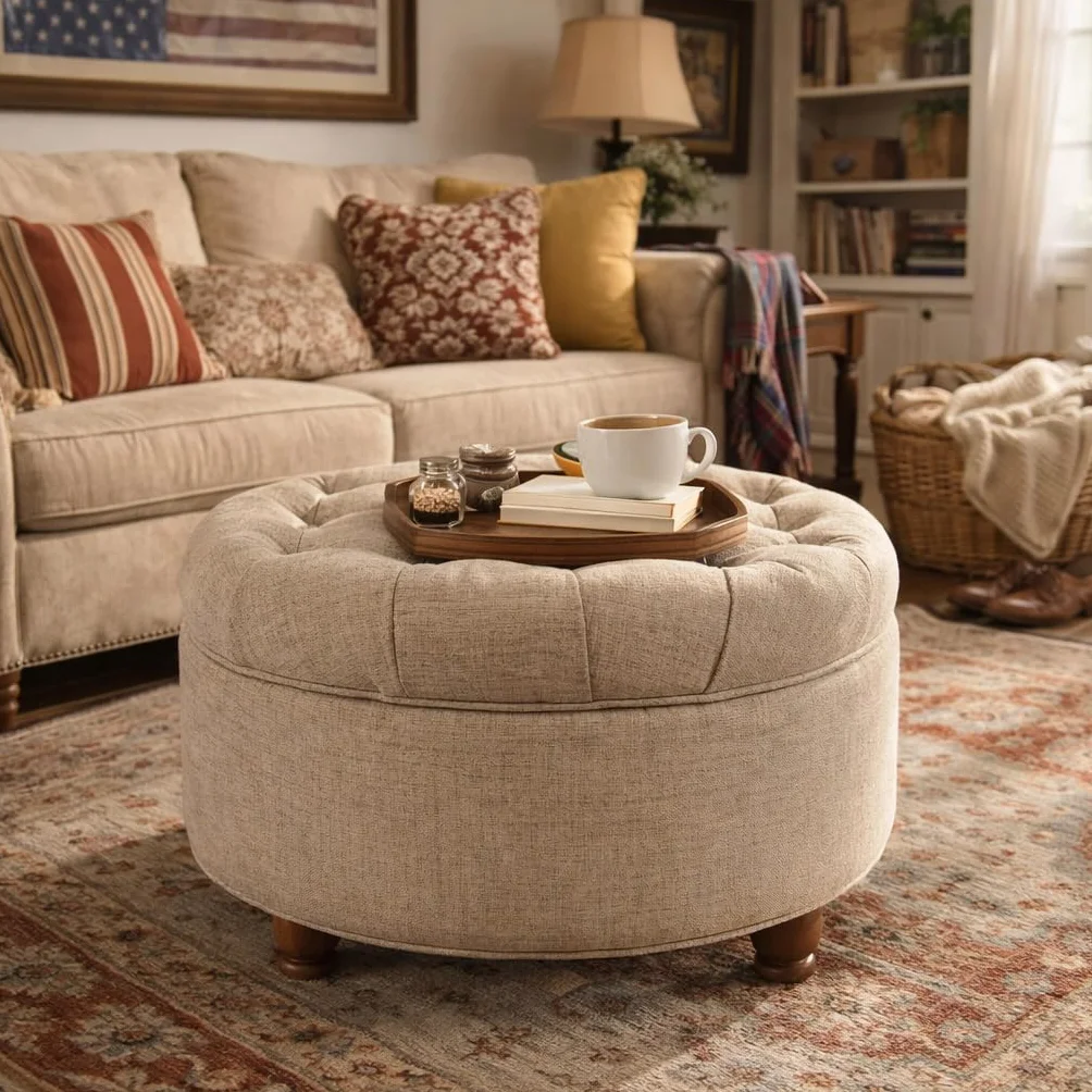 Homepop Home Decor Button Tufted Woven Round Storage Ottoman Large