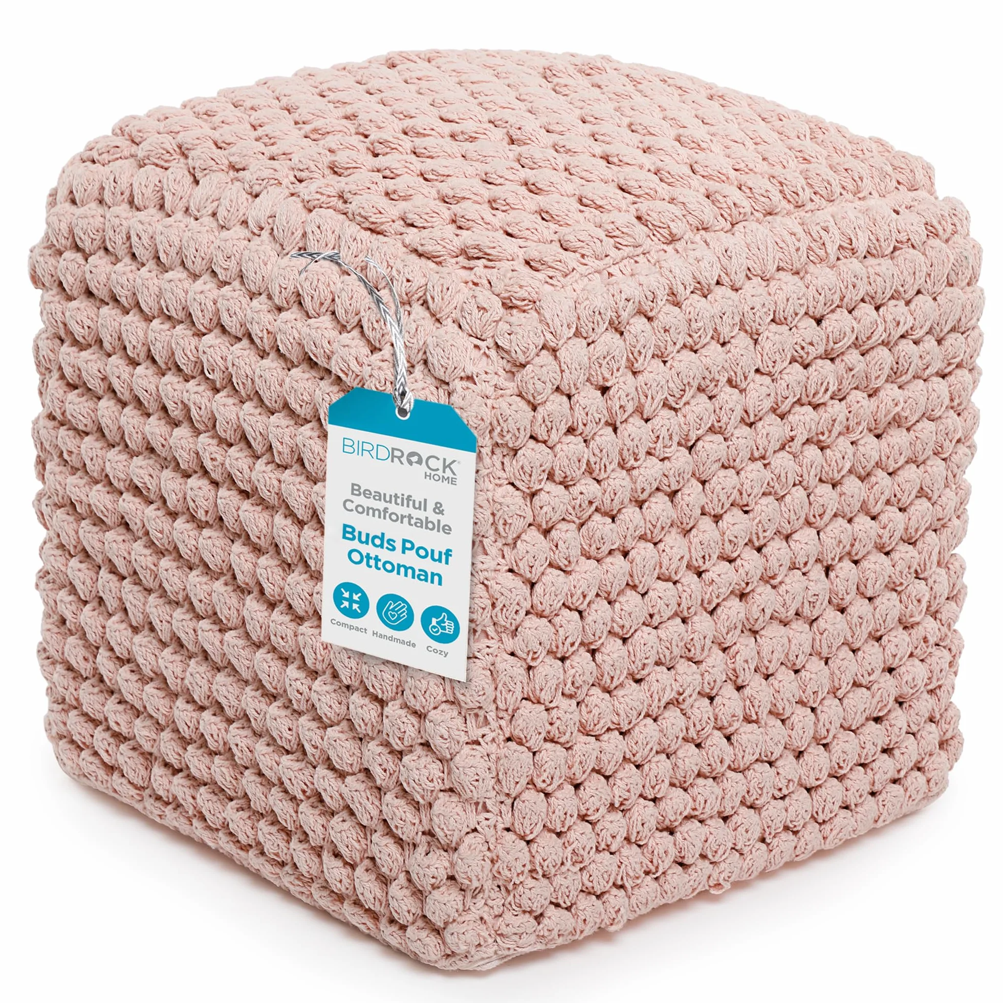 BIRDROCK HOME Square Pouf Ottoman Foot Rest - 18” Compact Comfortable Soft Cotton Knit Bean Bag Floor - Chair Foot Stool Seat for Living Room, Bedroom, or Kids Room (Dusty Rose Pink Bud)