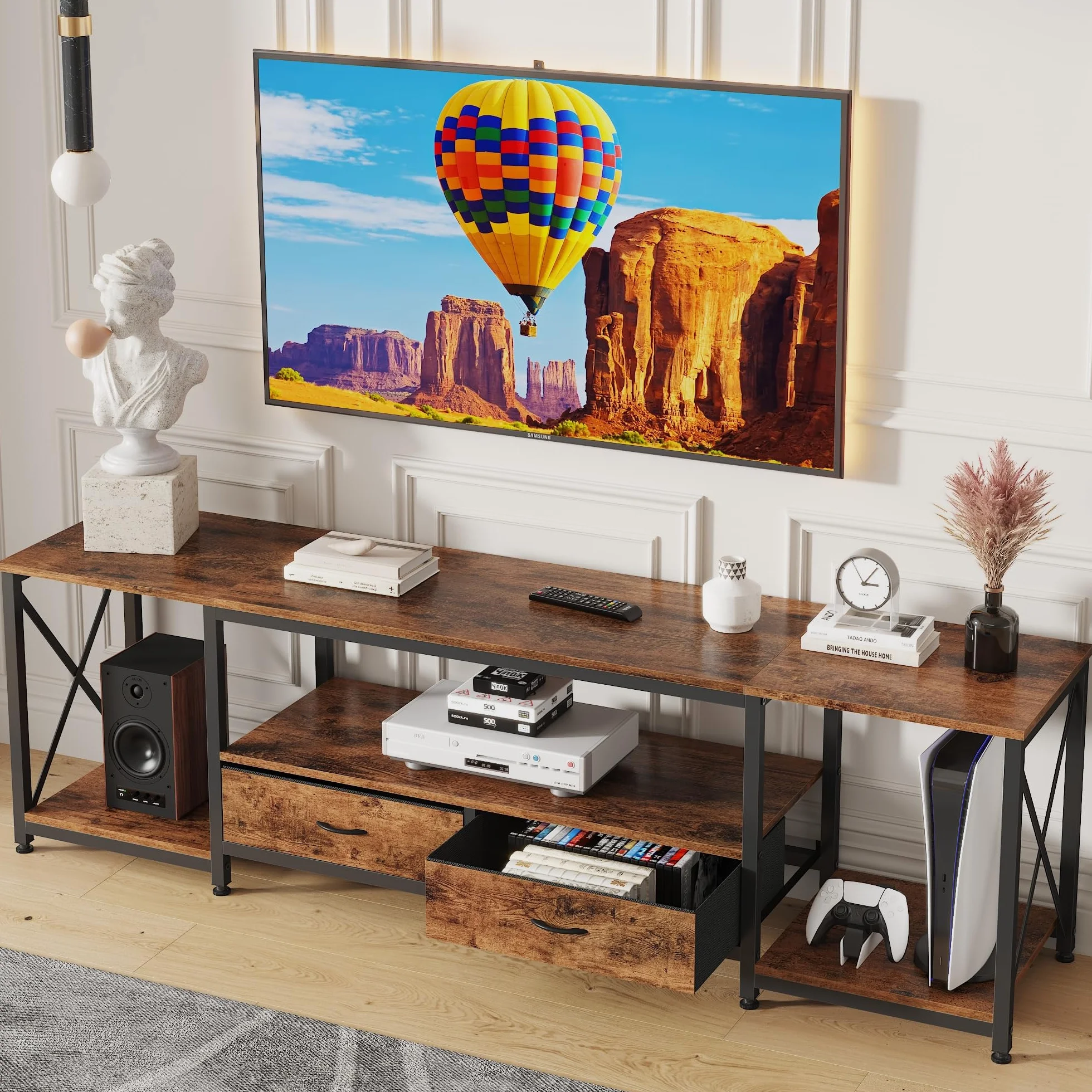 GYIIYUO TV Stand with Fabric Drawer - Entertainment Center and Industrial TV Console Table with Open Storage Shelves for Living Room, Bedroom - 55.1" Rustic Brown