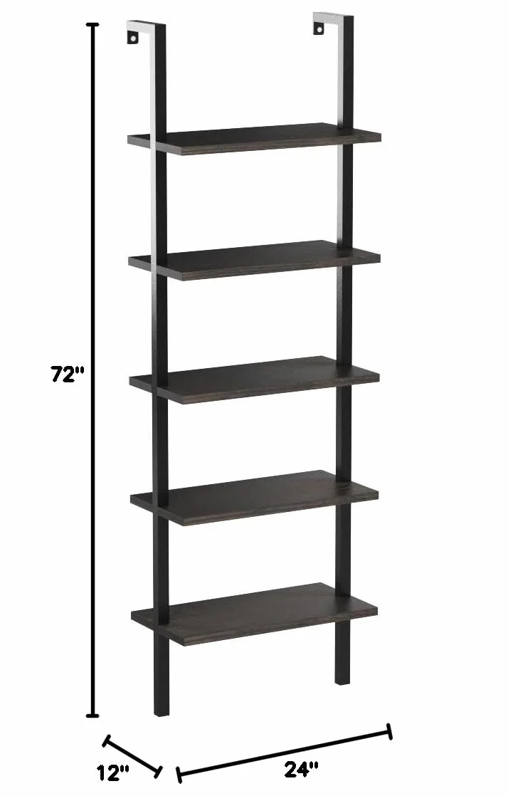 Nathan James Theo 5-Shelf Wood Modern Bookcase, Open Wall Mount Ladder Bookshelf with Industrial Metal Frame, Dark Brown Nutmeg/Black