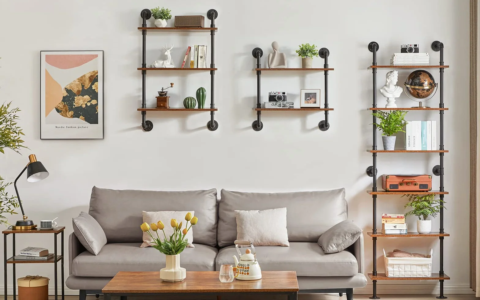 YMYNY Industrial Pipe Ladder Shelf, 6-Tier Wall Mounted Bookcase with Metal Frame, 78.7" Open Bookshelf, Multifunctional Storage Rack for Home Office, Living Room, Plant Stand, Rustic Brown, RF-TM018