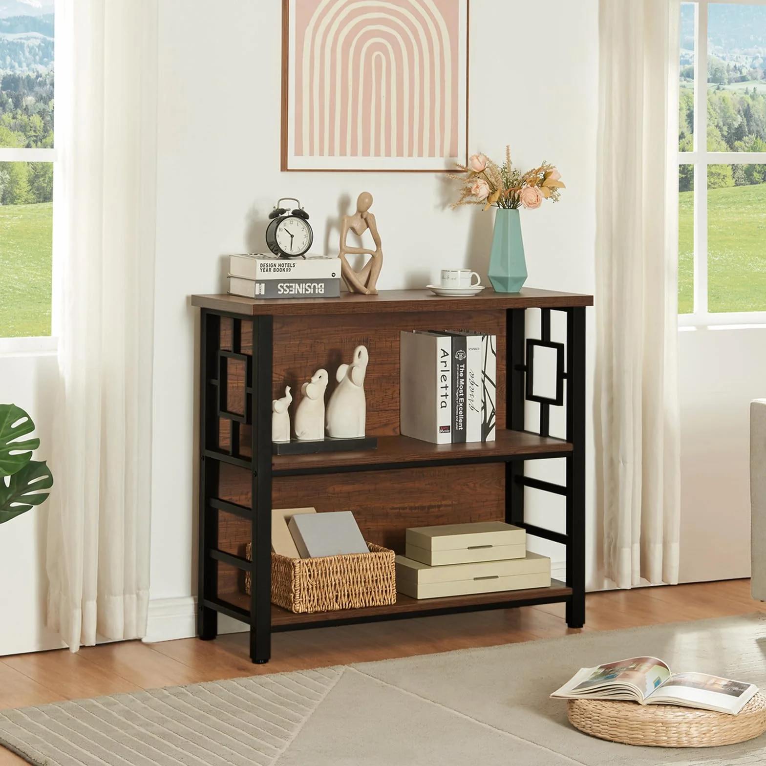HOMISSUE Book Shelf, 3 Tier Deep Bookshelf with Storage, Engineered Wood and Metal Shelf Bookcase, Low Short Bookcases for Small Space, Living Room, Bedroom, Office, Rustic Brown