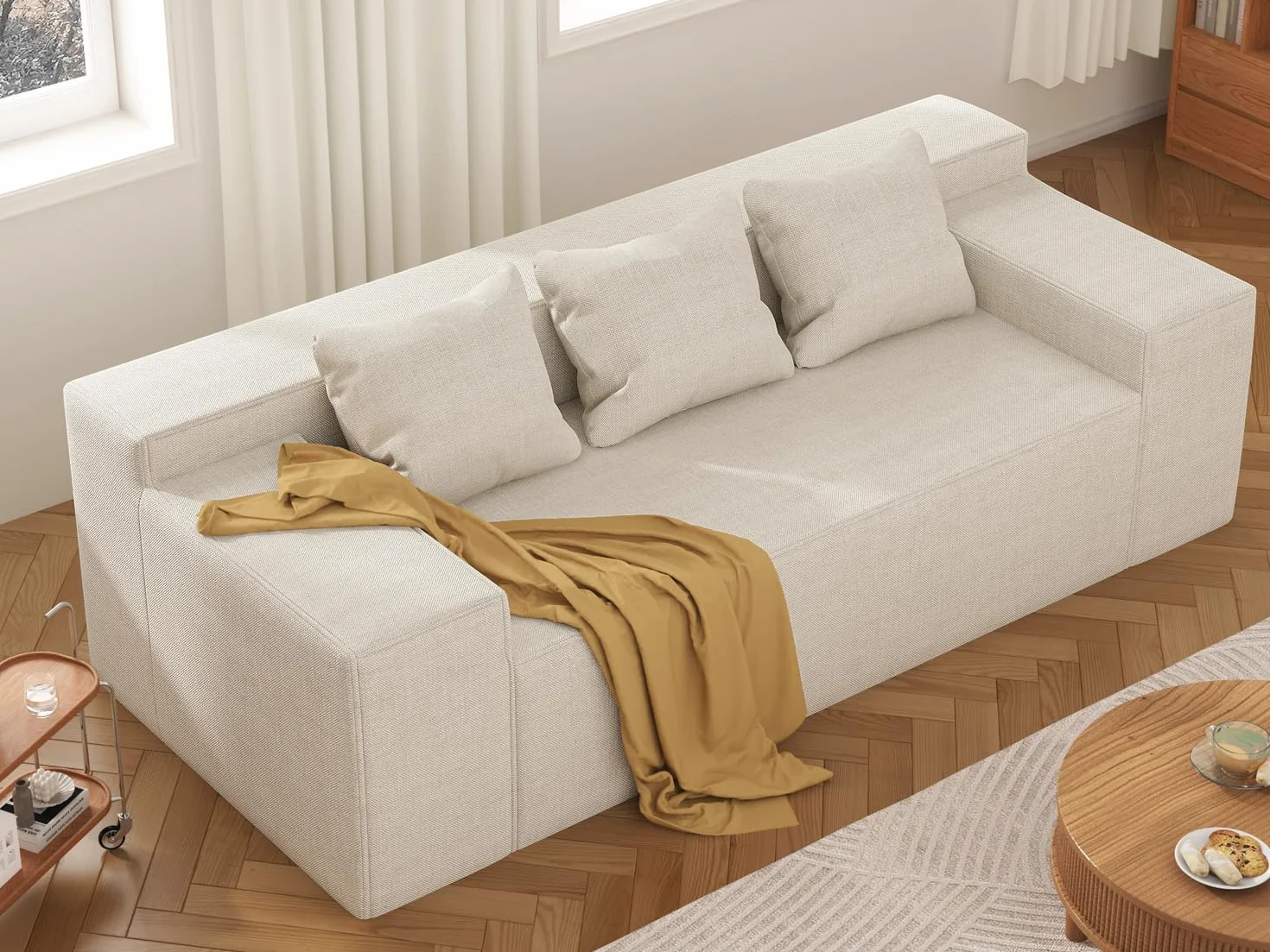 Modern 3-Seater Sofa, Hybrid Sofa in a Box, No Assembly Required, Comfy Sofa Couch with 3 Matching Pillows, Cat-Scratch Resistant Linen, Couch for Living Room or Bedroom, Beige