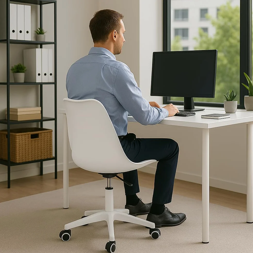 BAKAJI Modern Design Ergonomic Office Chair with Adjustable Height and High Density Padded Cushion, Swivel Seat with Swivel Wheels, Ideal for Home, Study (White)