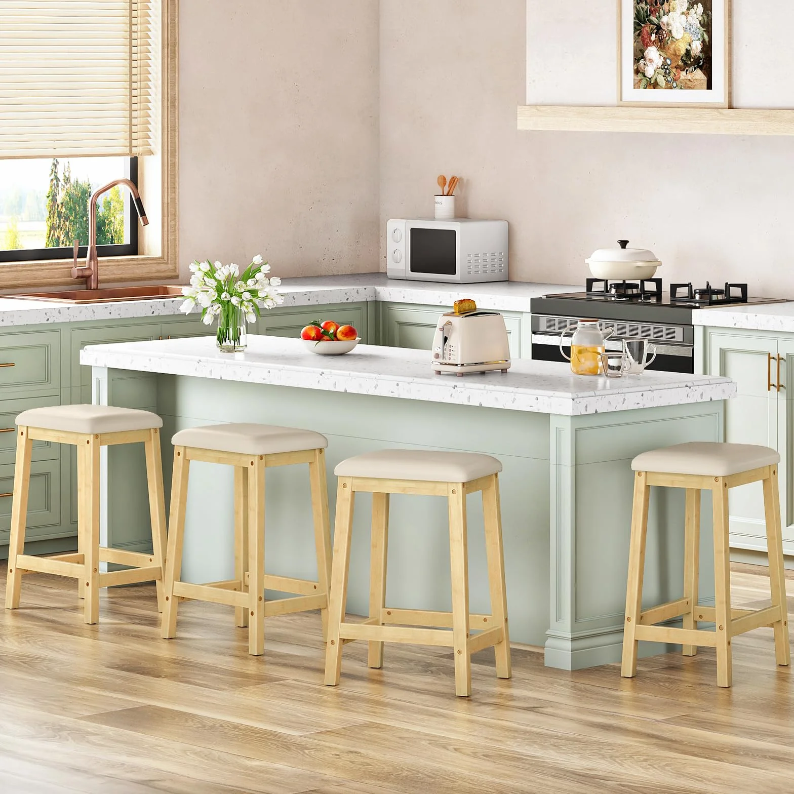 HOOBRO Bar Stools, Set of 2 Bar Chairs, Counter Height Bar Stools, PU Upholstered Kitchen Stools, 24 Inch Bamboo Saddle Stools with Footrests, for Kitchen, Dining Room, Bar, Beige and Natural YE04MD01