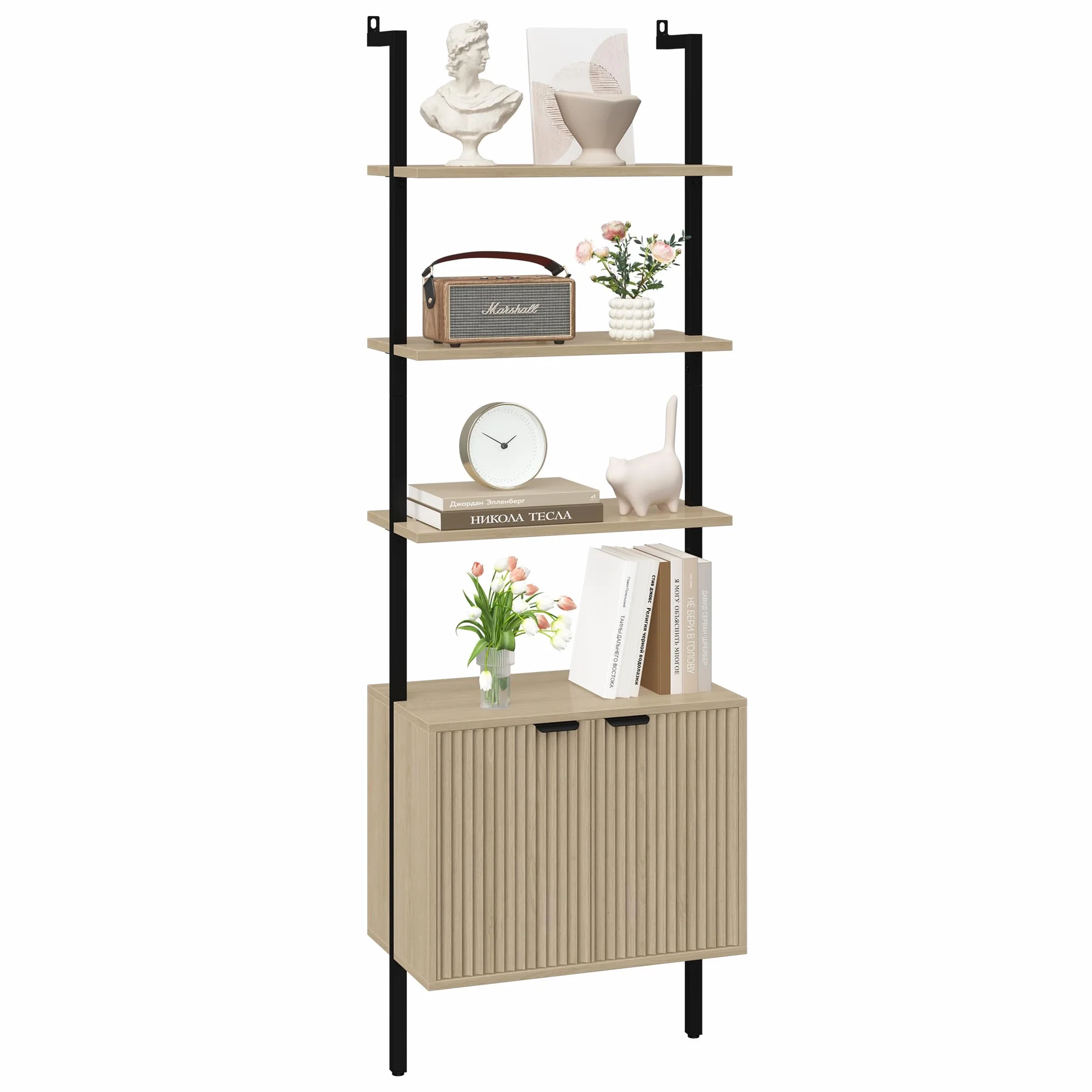 Yusong 73" Tall Bookshelf with Cabinet, Industrial Ladder Wall Mount Shelf Bookcase with Wood and Metal Frame, Plant Shelf Wall Storage Display for Living Room Bedroom, Wavy Light Ivory