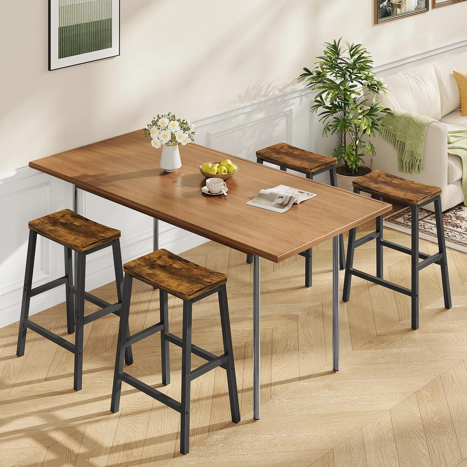 HOOBRO Bar Stools Set of 4, Counter Height Bar Stools, 23.6'' Bar Chairs, Saddle Stools with Footrests, Industrial Barstools for Dining Room, Kitchen, Bar, Rustic Brown and Black BF02MDP401