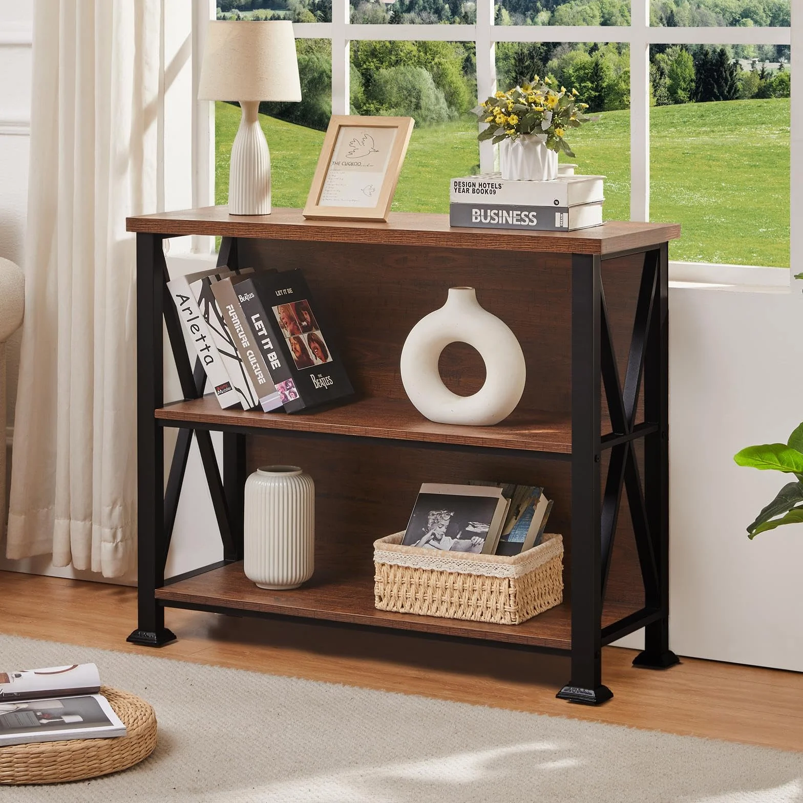 Hombazzar 3 Tier Bookshelf,35.4" Wide Short Bookshelf,Brown | Suitable for Office Living Room,Industrial Style,Sturdy X-shaped,Adjustable Feet, MDF Board & Metal,Easy Assemble