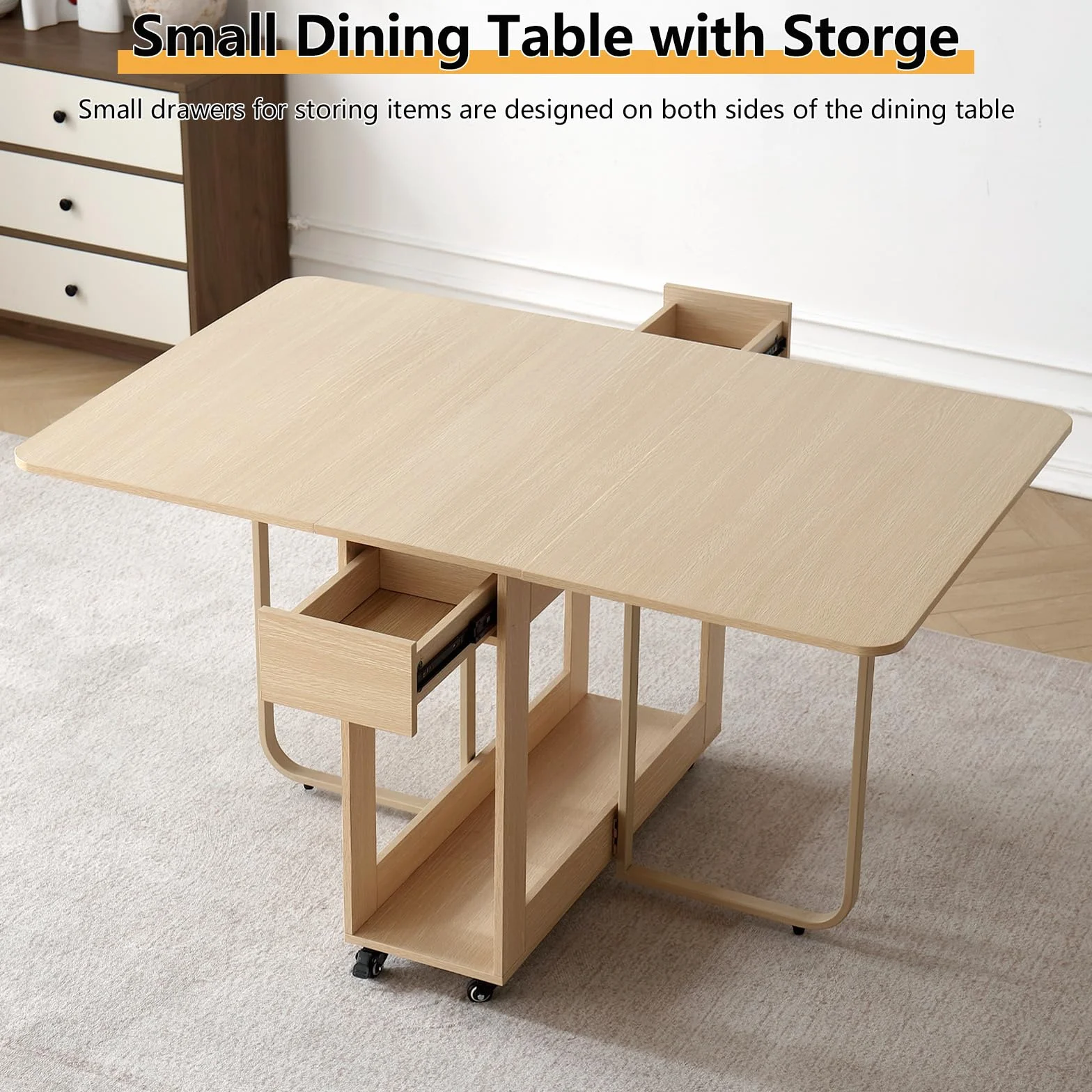 Folding Dining Table, 35.4" x 54.9" Expanded Drop Leaf Table for 4-6, Wood | 300lb Capacity, 2 Drawers, Lockable Wheels, Space-Saving Folding Kitchen Table for Dining Room/Apartments/RV/Home Office/Room