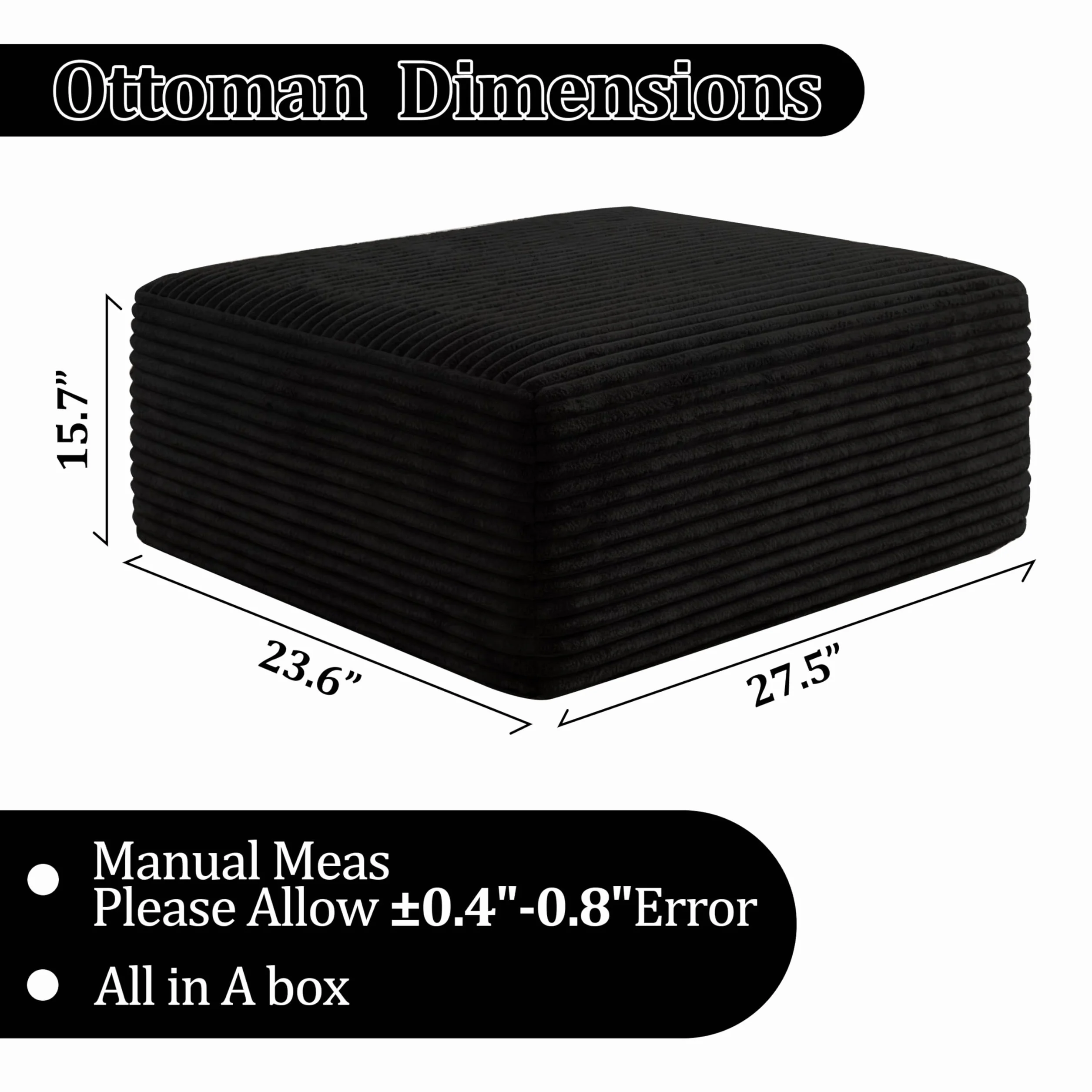 Corduroy Ottoman, Modern Boneless Cloud Foot Rest Foam Support, Oversized Modular Sectional Sofa Stool for Living Room, Bedroom & Small Spaces, No Assembly Required (Black, Ottoman)