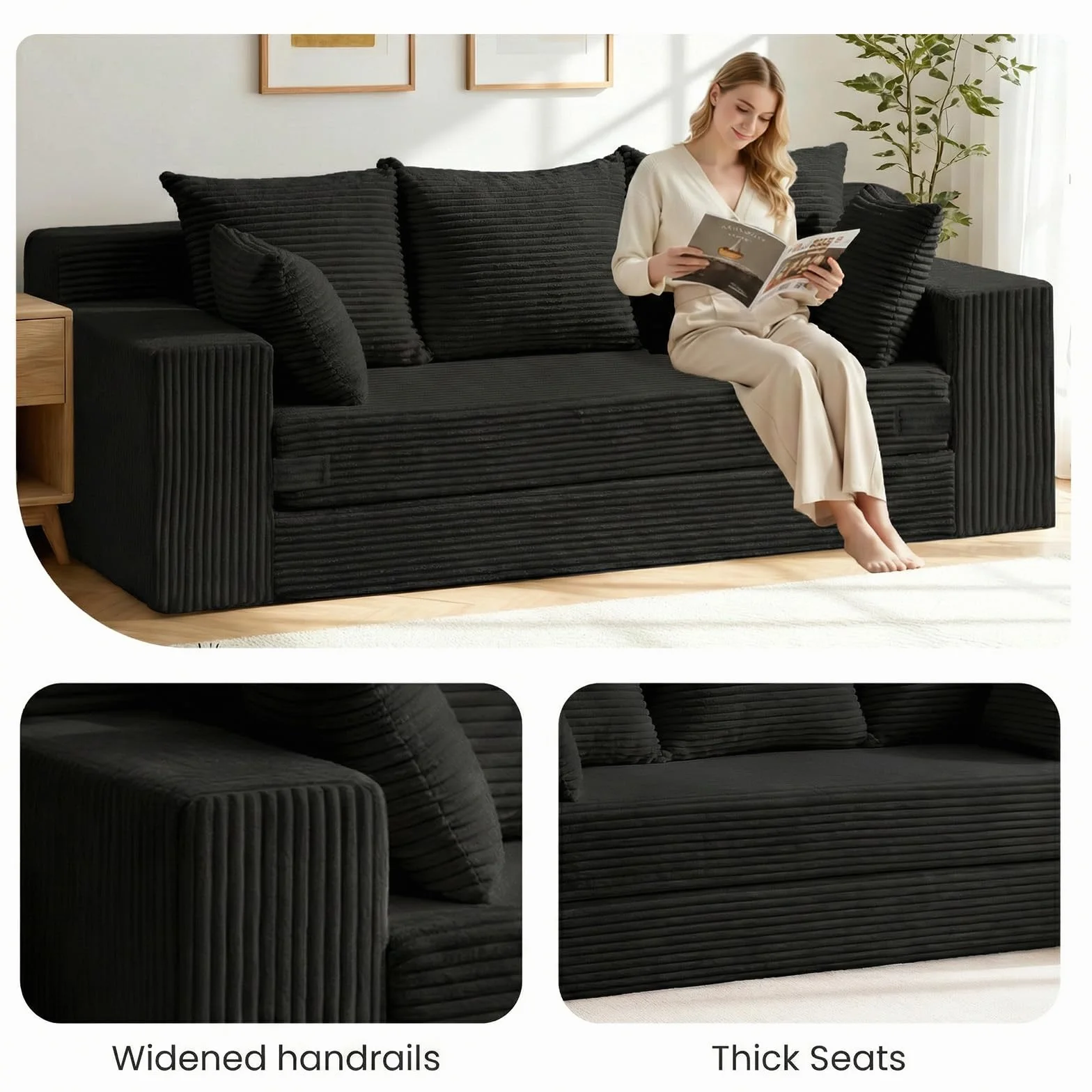 Convertible Sofa Bed, Pull Out 3 Seater Sleeper Sofa, 70" Black Boneless Couch Fold Out Floor Couch with 5 Pillows for Living Room Bedroom Lounge Small Space