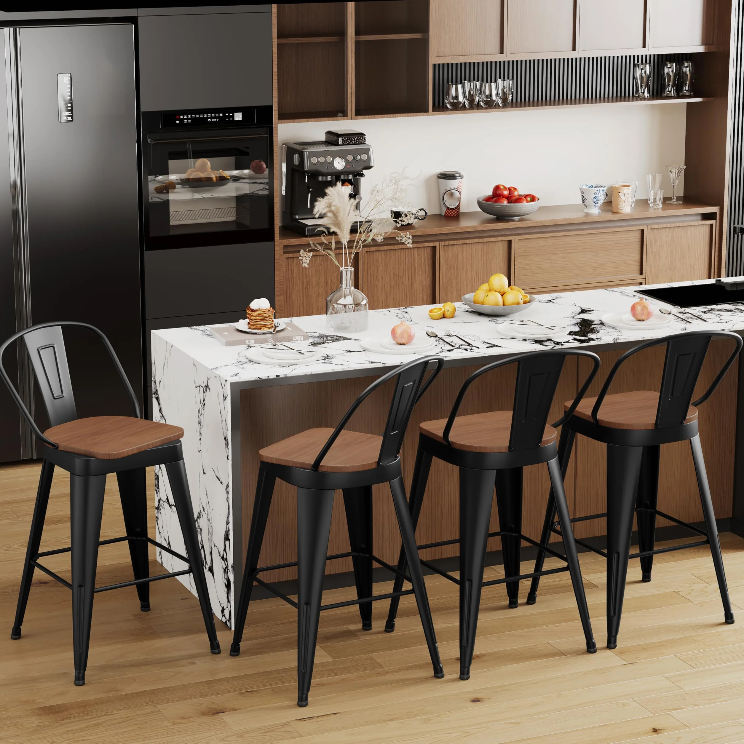 Aklaus Swivel Bar Stools 24 inch Swivel Metal Counter Height Barstools Set of 4 Modern Farmhouse Bar Chairs with High Backs and Large Wooden Seat for Kitchen Island Dining Room Matte Black
