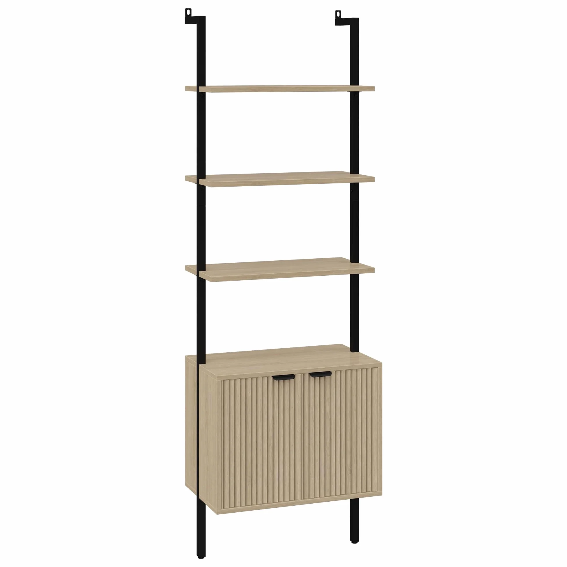 Yusong 73" Tall Bookshelf with Cabinet, Industrial Ladder Wall Mount Shelf Bookcase with Wood and Metal Frame, Plant Shelf Wall Storage Display for Living Room Bedroom, Wavy Light Ivory