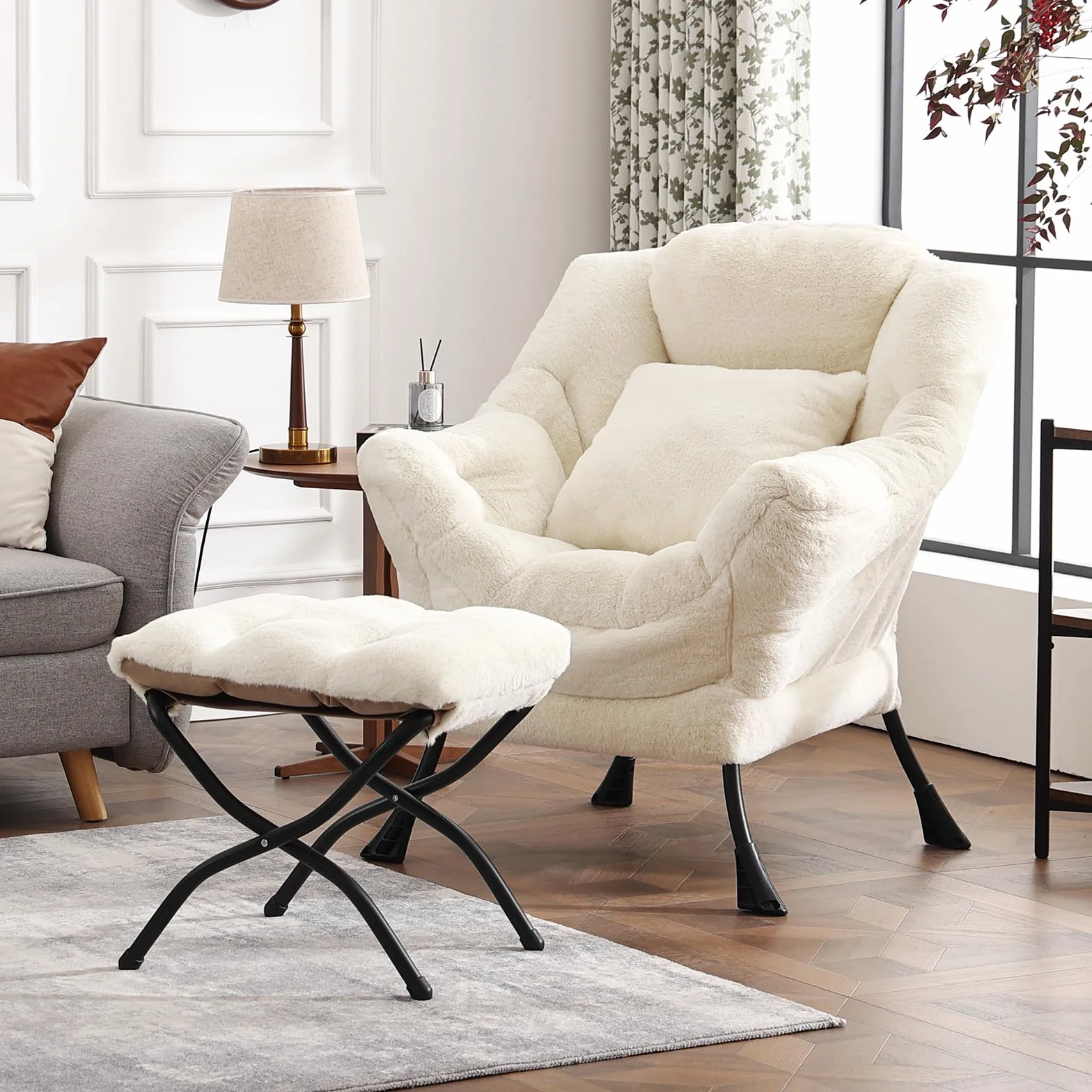Lazy Chair with Ottoman, Plush Reading Chair with Pillow, Lvory | Removable machine-washable cover; includes an extra throw pillow; cozy accent chair for living room, bedroom, dorm or office