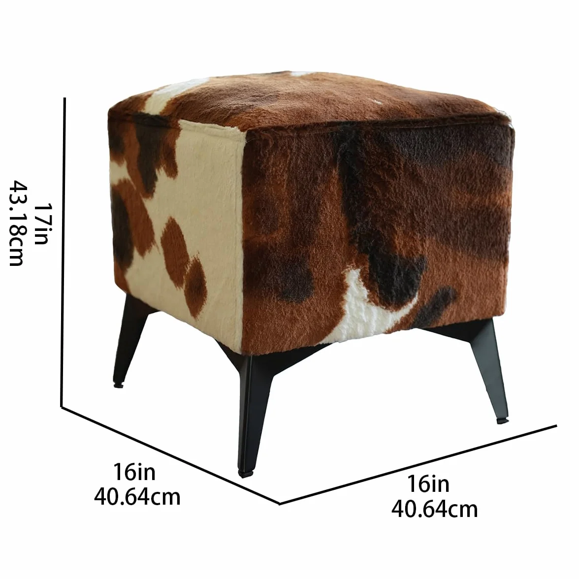 Brown Cow Print Ottoman, Faux Cowhide Footstool, Western Style | 16x16x17 Inch Cube Stool, Solid Metal Legs, Animal Print Ottoman, Farmhouse Decor for Living Room, Bedroom, Entryway