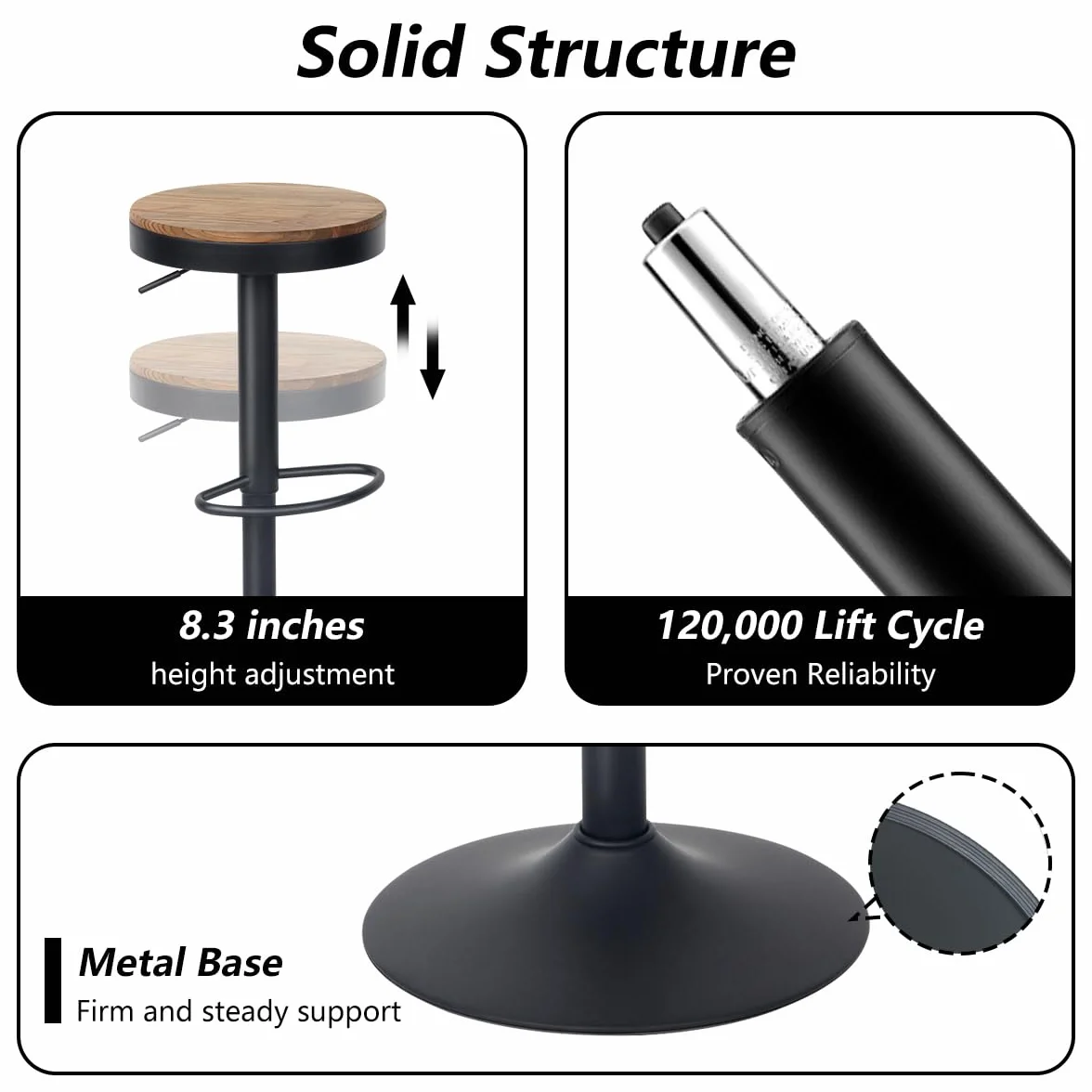 Kidol & Shellder Black Bar Stools Set of 2 Adjustable Swivel Backless Barstools Modern Round Wooden Seat Counter Height Bar Chairs Armless for Kitchen Island, Cafe, Dining Room