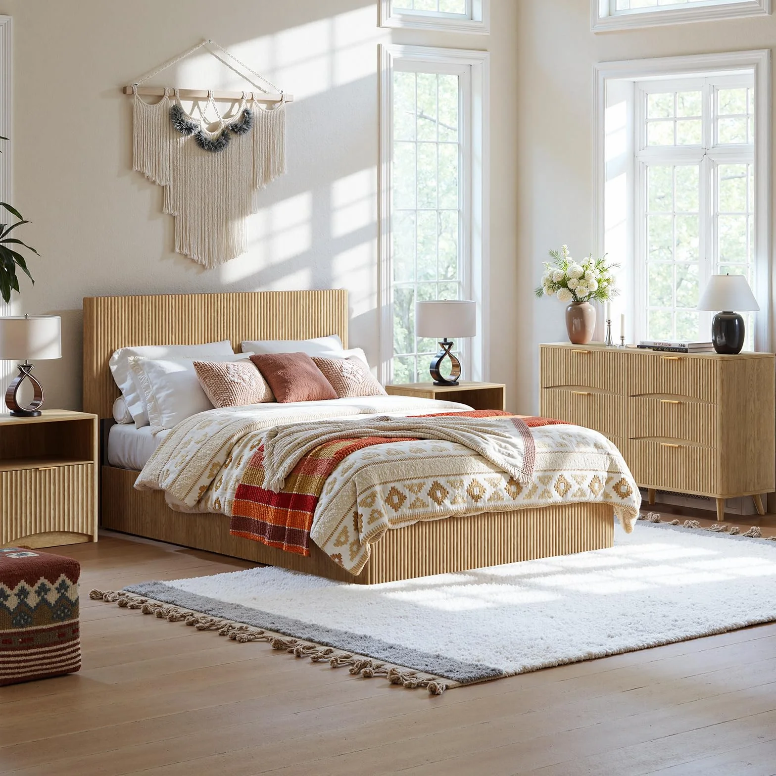 Evermagin Queen Lift-Up Storage Bed Frame, Fluted Headboard, Natural | Evermagin Storage Bed Frame, Mid Century Modern Fluted Bed Frame, Wood Hydraulic Queen Size Bedframe with Headboard