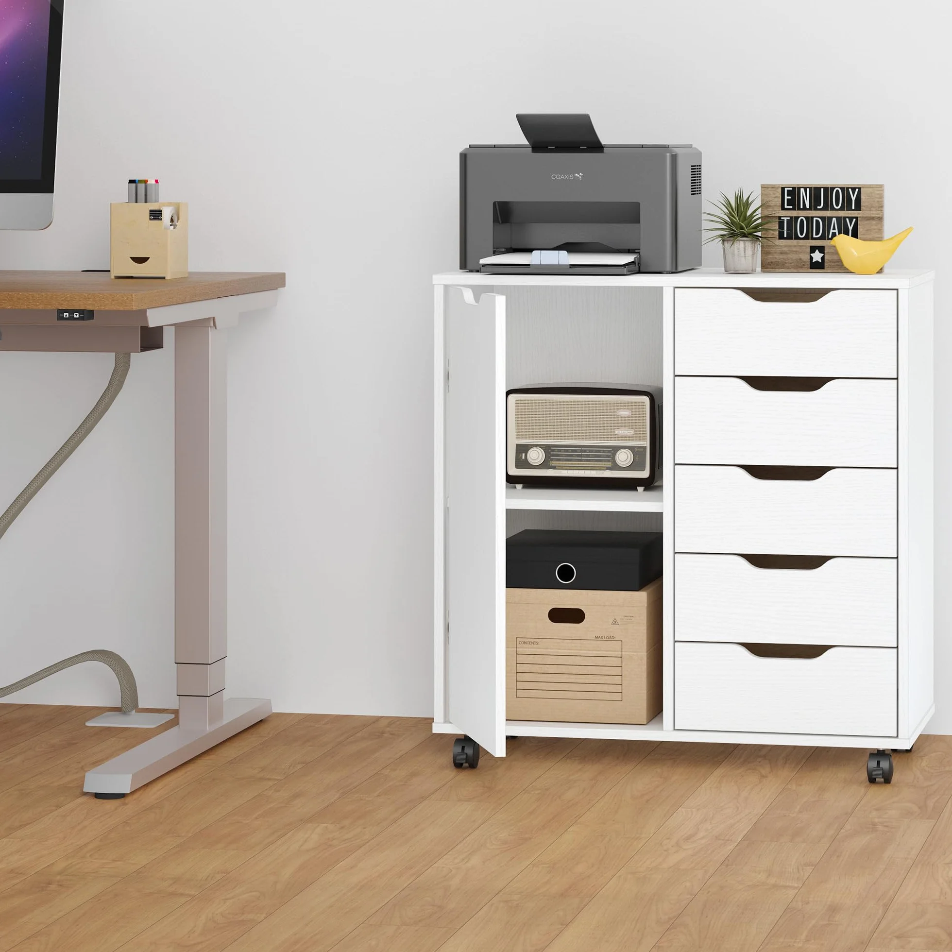 Panana 5-Drawer Chest with 1 Door, Wooden Chest of Drawers Storage Dresser Cabinet with Wheels, Office Organization and Storage, Bedroom Furniture (White-S)