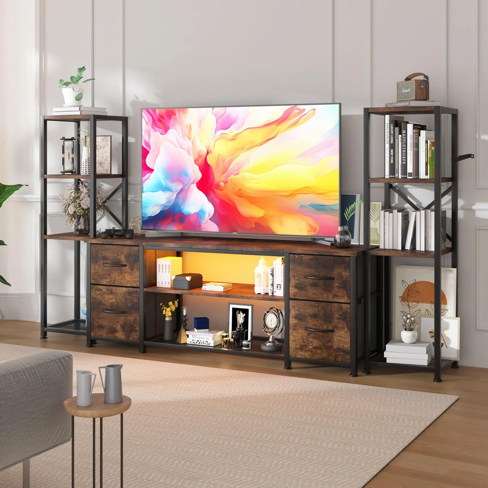 LED TV Stand Bookshelf Combo with Charging Station for 65 60 55 Inch TV, Entertainment Center with Lights & Drawers, Industrial Media TV Console Table for Living Room Bedroom Office, Rustic Brown
