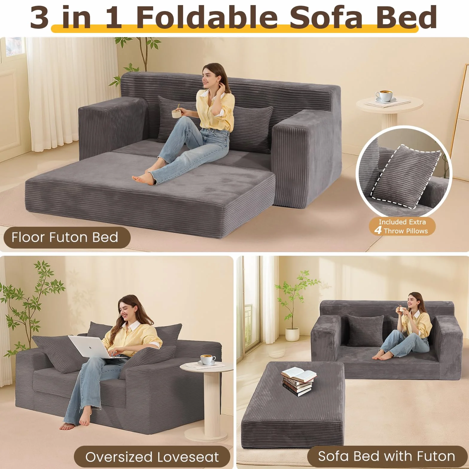 cidludto Convertible Sofa Bed, 3 in 1 Loveseat Folding Couch Bed Foldable - Boneless Couch & Floor Futon, Corduroy Pull Out Sofa Bed with 4 Pillows for Living Room, Grey