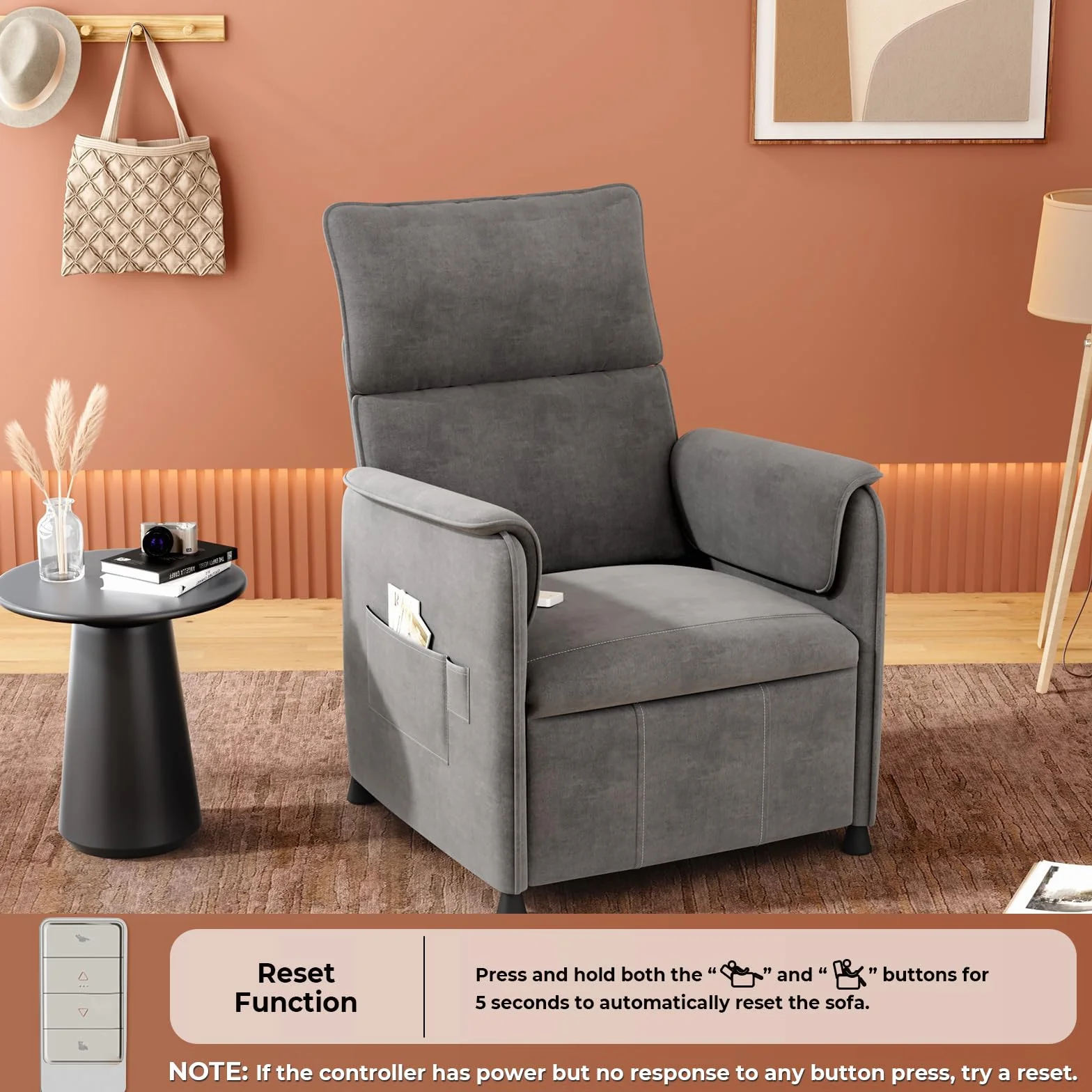 Recliner Chair，Electric Adjustable Chenille Recliner with Remote Control and Padded Backrest,Home Theater Recliner Single Sofa Seat with Thick Seat Cushion for Living Room Bedroom (Grey)