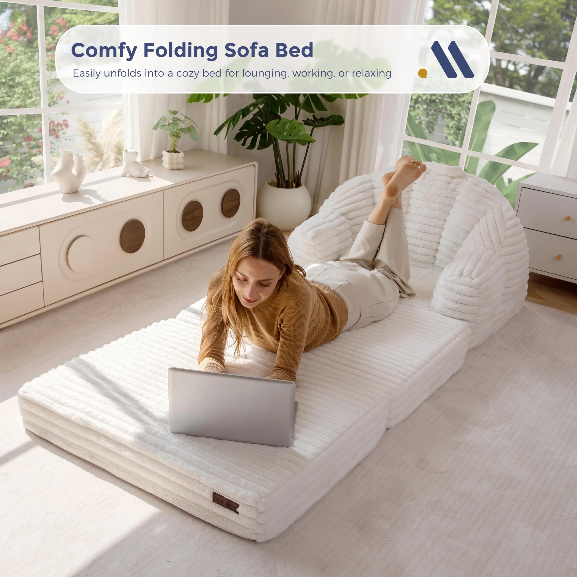 MAXYOYO Folding Sofa Bed Chair, Sleeper Chair for Adults, Faux Fur, Single | 2-in-1 Fold-Out Chair Bed, Convertible Floor Lounger with Carry Handle for Reading or Relaxing , Beige