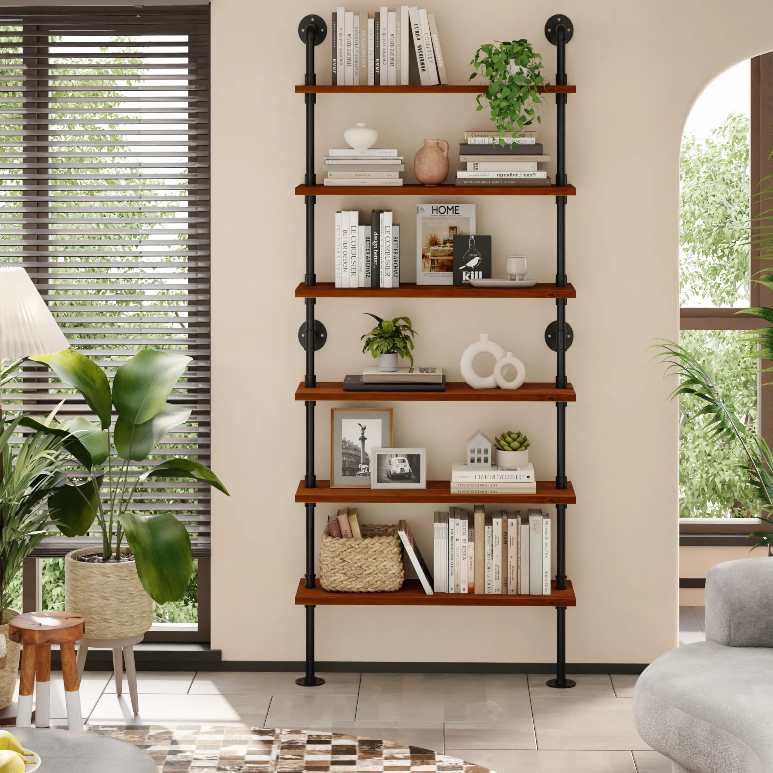 Industrial Pipe Bookshelf, Wall Mounted Shelf, 36 Inch, Walnut Brown | 6 Tier Open Bookcase, Solid pine wood, black iron pipe frame, 40 lbs per shelf, for books, kitchen, office decor