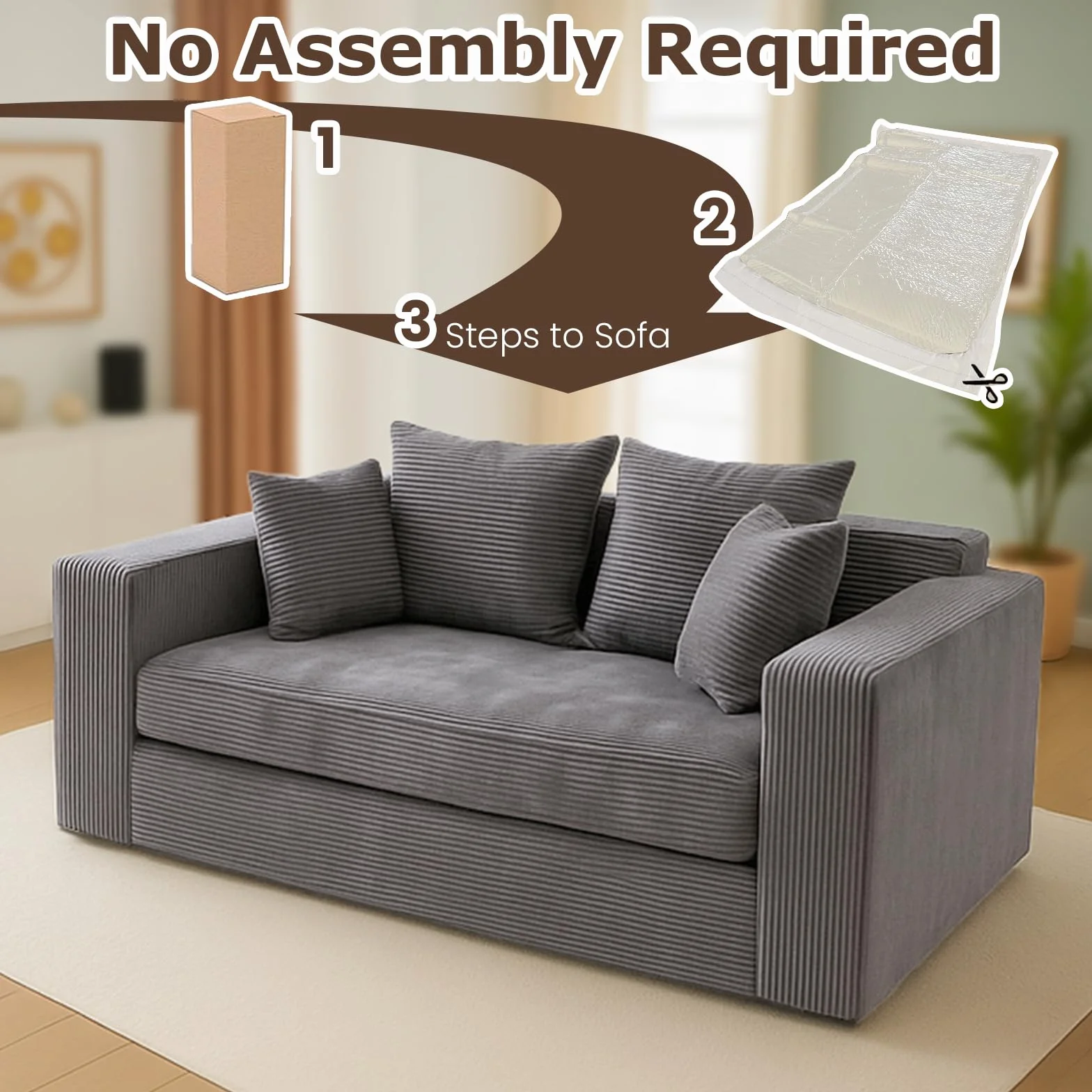 cidludto Convertible Sofa Bed, 3 in 1 Loveseat Folding Couch Bed Foldable - Boneless Couch & Floor Futon, Corduroy Pull Out Sofa Bed with 4 Pillows for Living Room, Grey