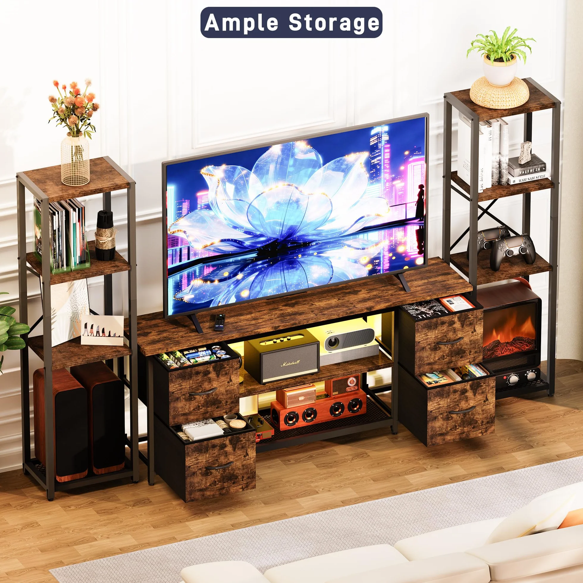 LED TV Stand Bookshelf Combo with Charging Station for 65 60 55 Inch TV, Entertainment Center with Lights & Drawers, Industrial Media TV Console Table for Living Room Bedroom Office, Rustic Brown